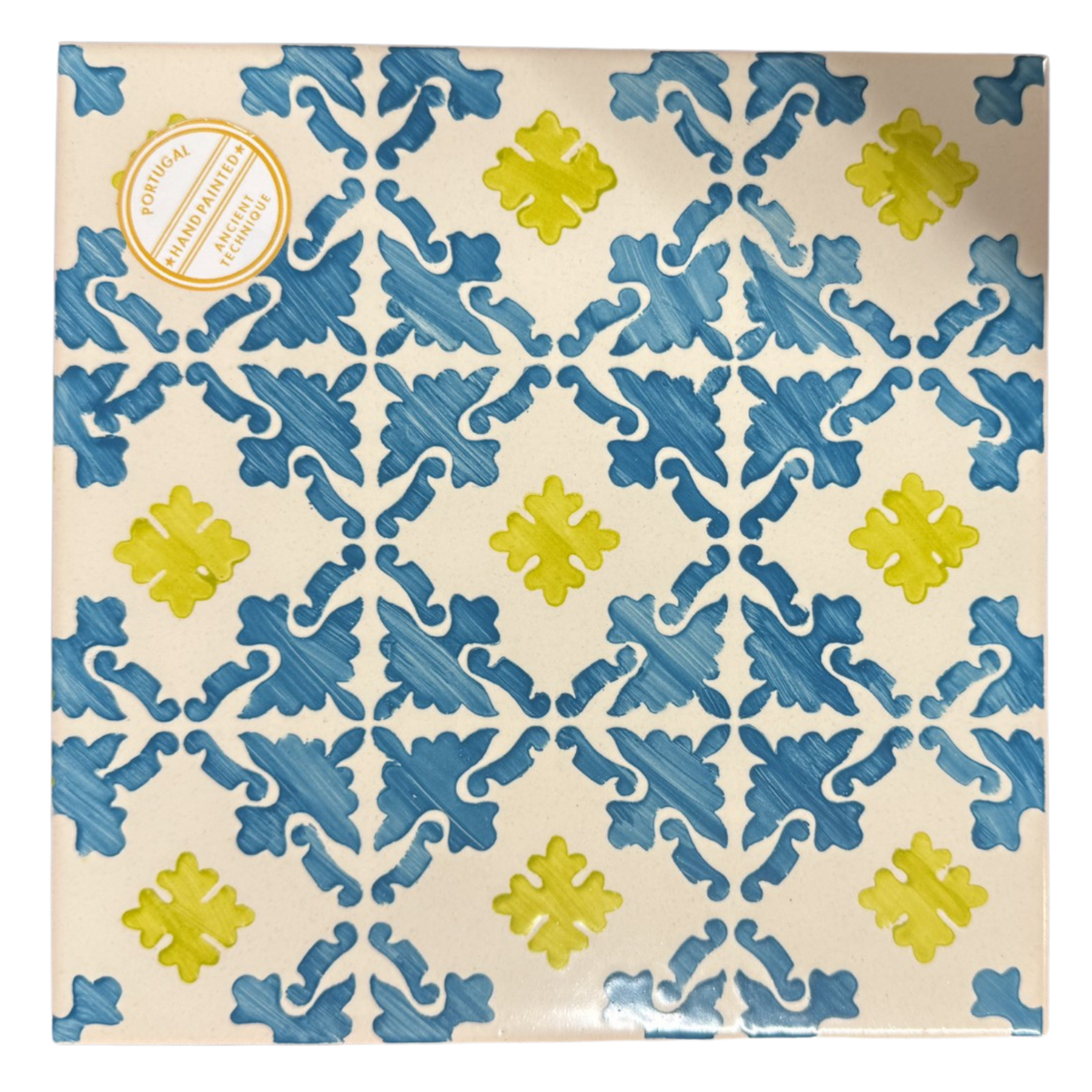 Cerâmica Vieira Hand-Crafted Tile Blue Cross and Leaves Pattern