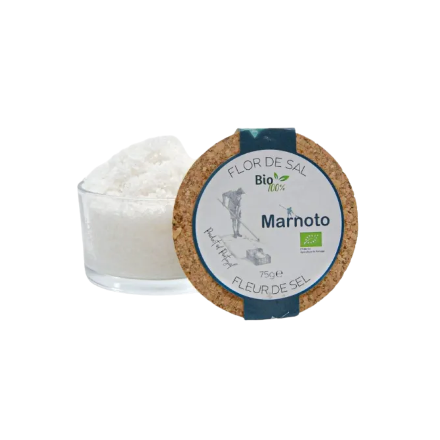 Jar of Marnoto fleur de sel with cork lid on a white background