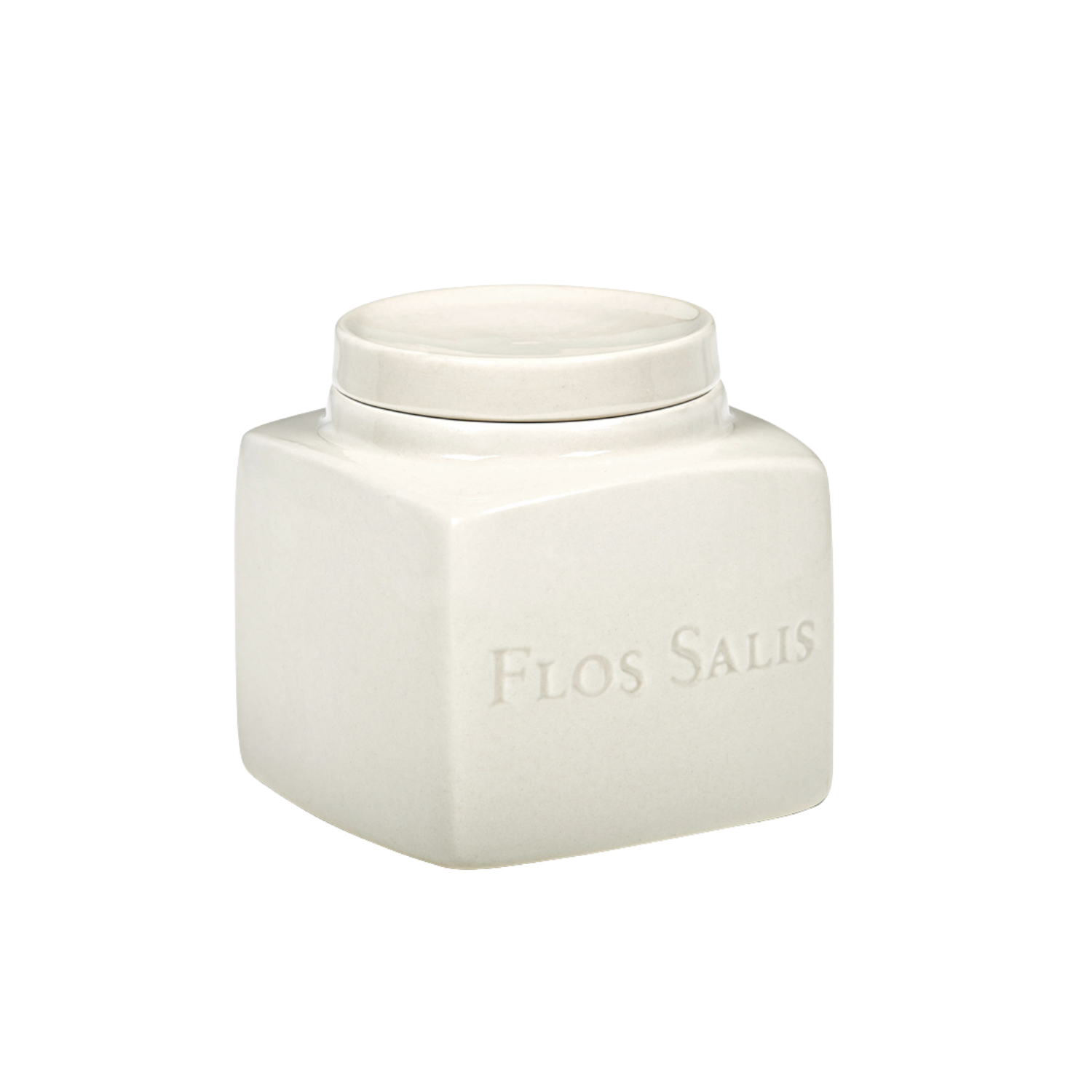 White ceramic container with 'Flos Salis' text on a white background
