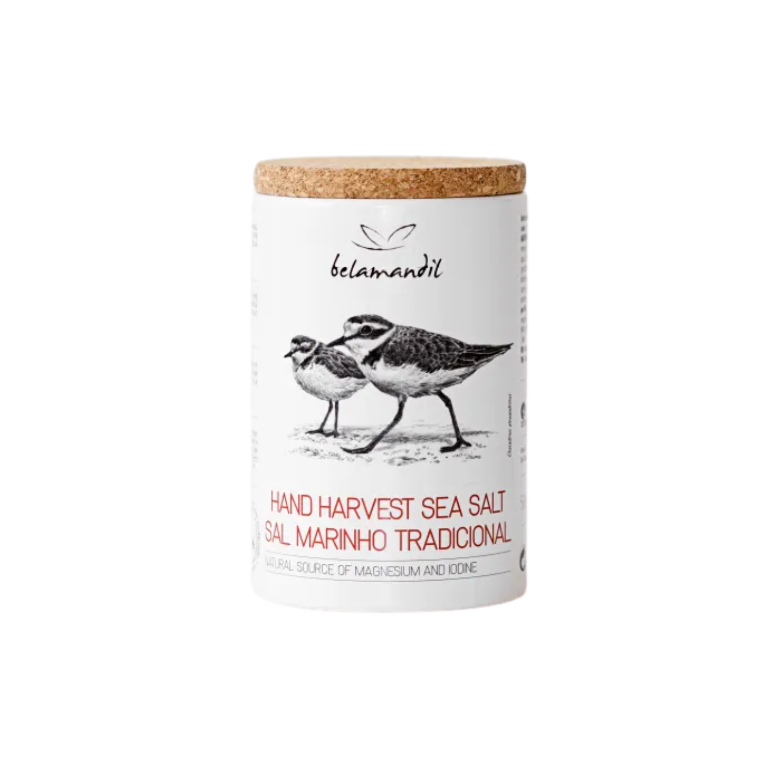 Sea salt container with cork lid and bird illustration on a white background