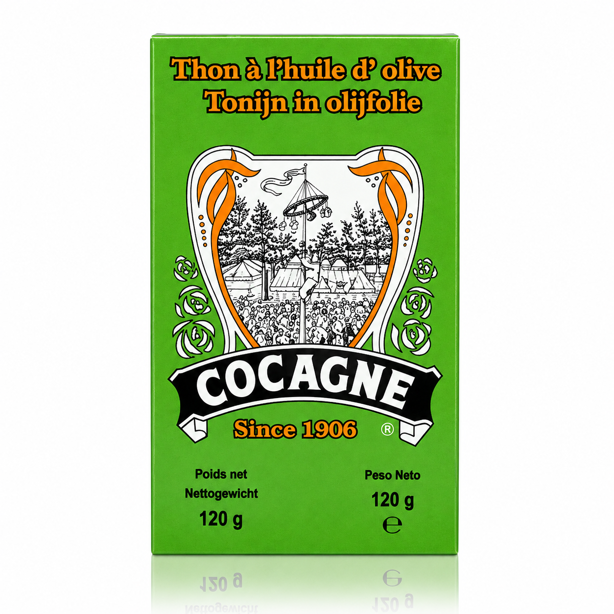 A green box of Cocagne Thon à l'huile d'olive (Tunjin in oliffolie), 120g, featuring a white and black illustration of a fishing village with orange accents and black text.