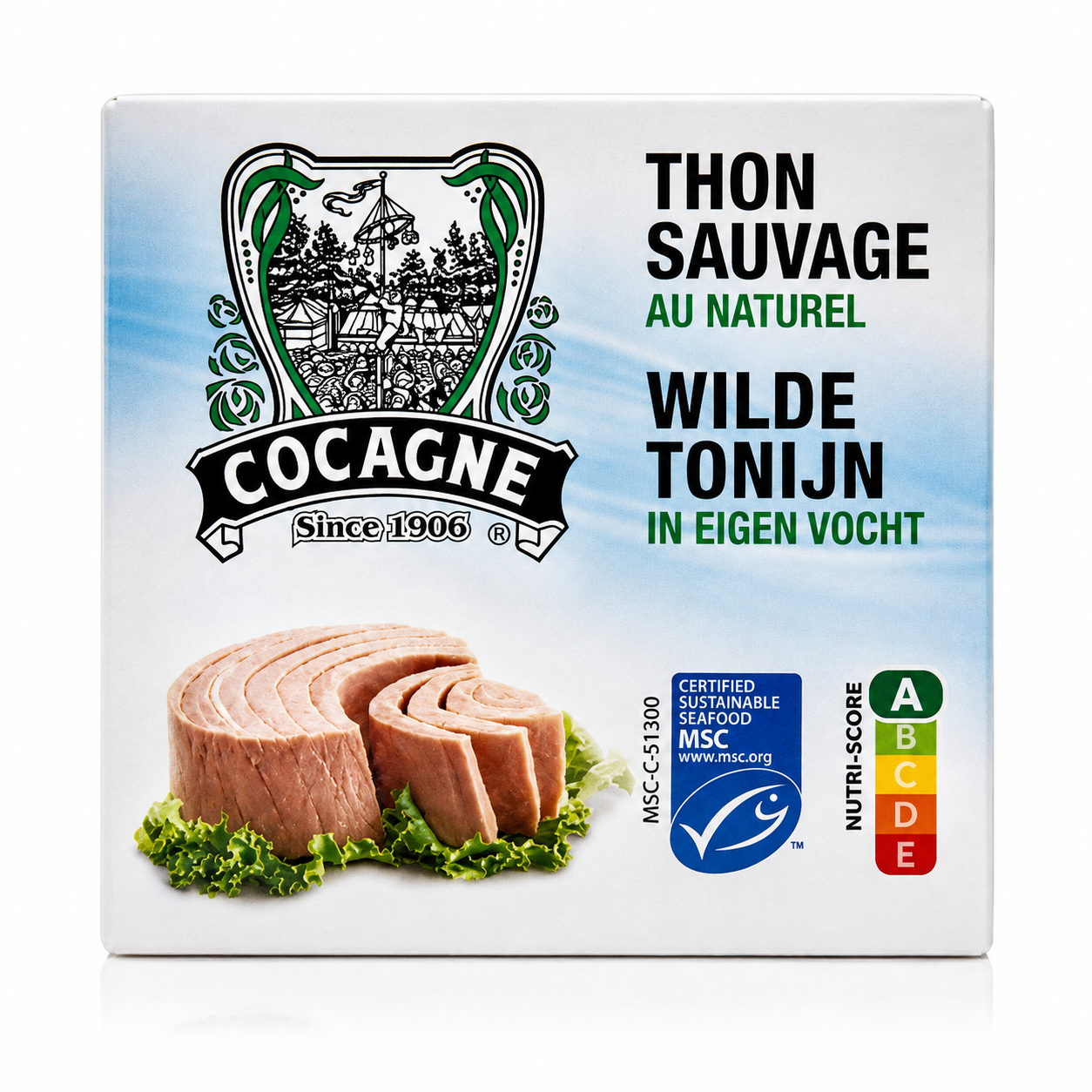 Cocagne Thon Sauvage Au Naturel (Wild tuna in its own fat) packaging box. The white box features the black and green Cocagne logo, a photo of sliced tuna on lettuce, an MSC certified sustainable fishing label, and a Nutri-Score A.