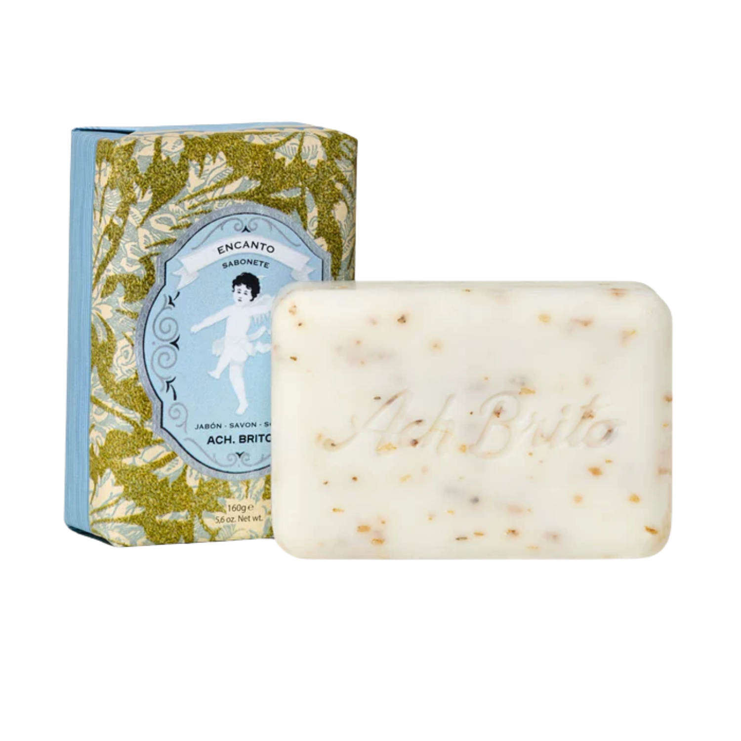 Bar of soap with a decorative packaging on a white background