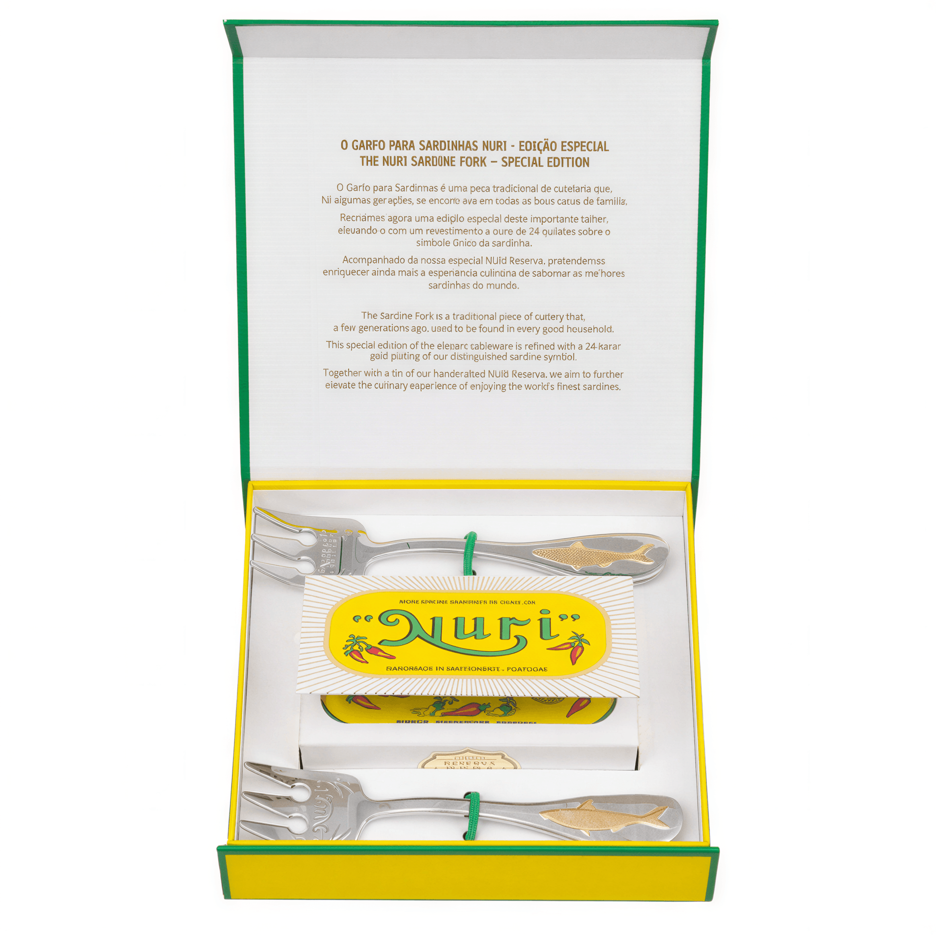 Nuri special edition fork gift pack with two forks and a sardine can, presented in a yellow box with green accents.