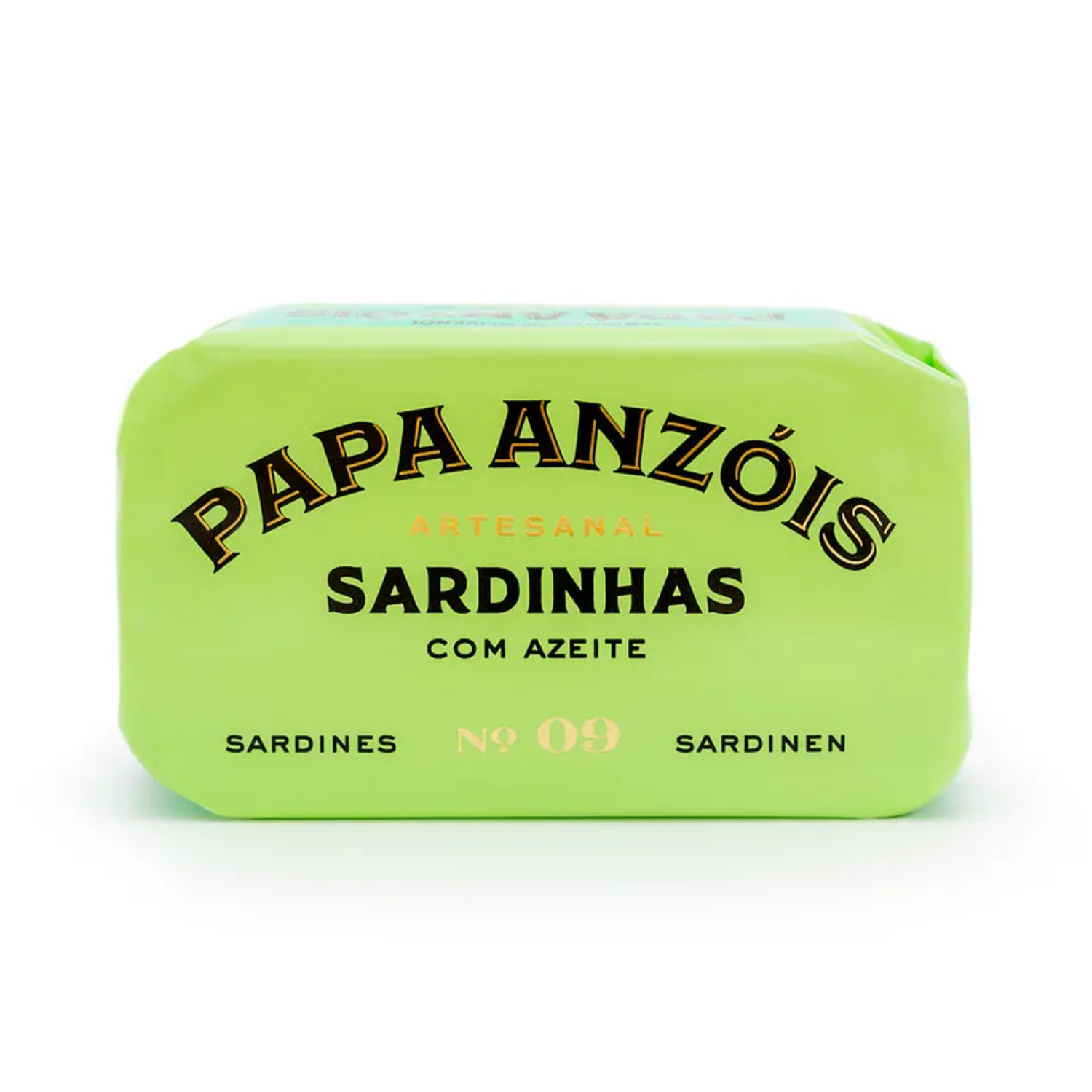 Papa Anzóis artesanal sardines package with olive oil, light green wrapper, No. 09