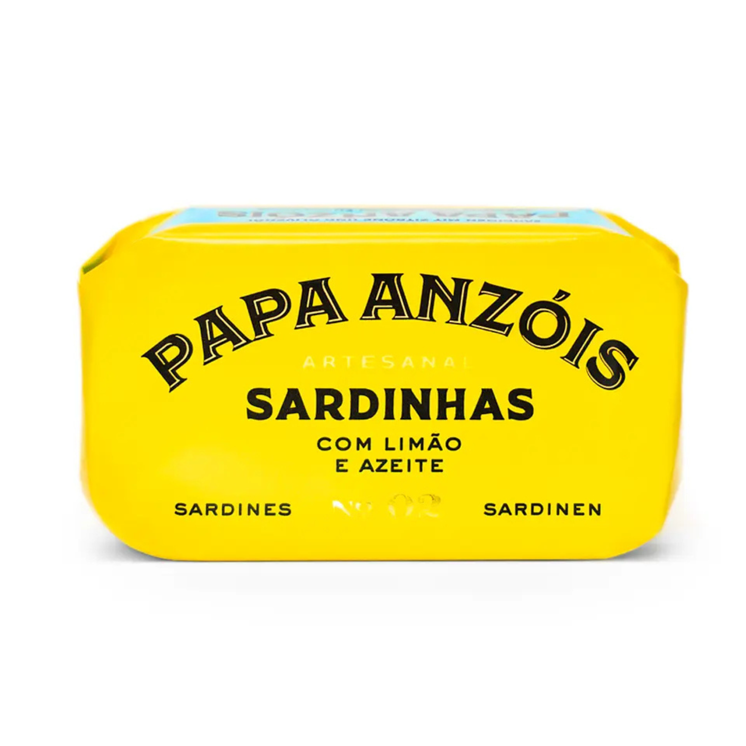Papa Anzóis artesanal sardines package with lemon and olive oil, bright yellow wrapper, No. 02