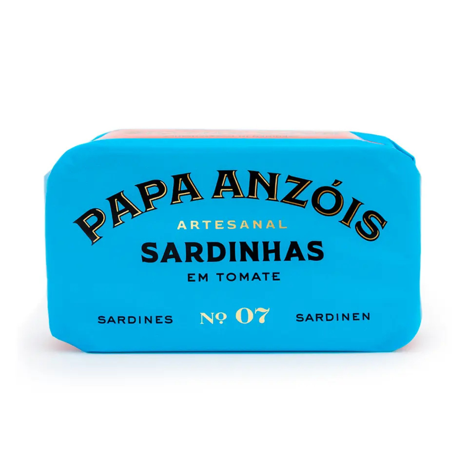 Papa Anzóis artesanal sardines package in tomato sauce, bright blue wrapper, No. 07