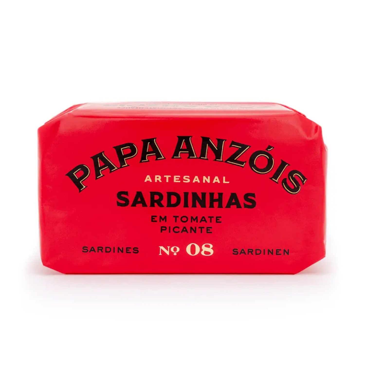 Papa Anzóis artesanal sardines package in spicy tomato sauce, bright red wrapper, No. 08