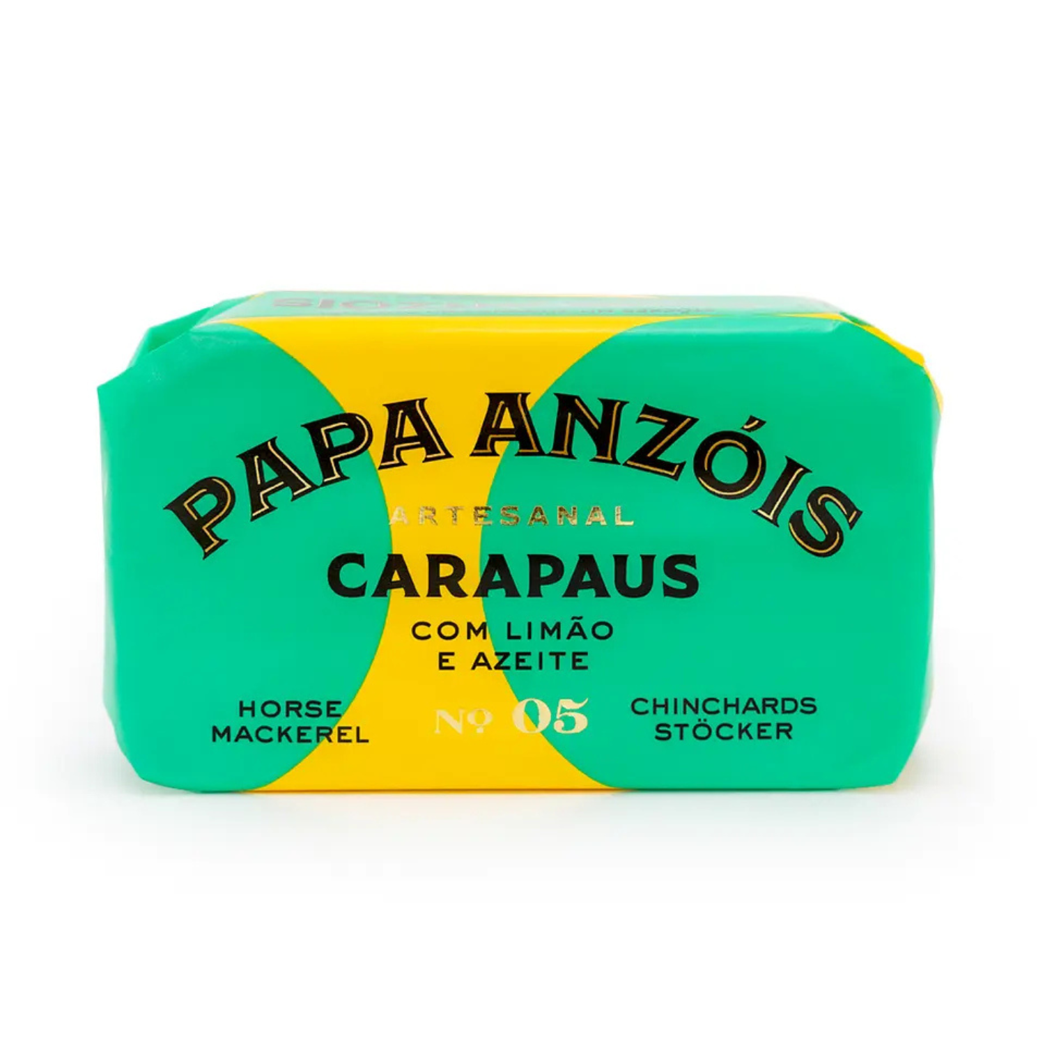 Papa Anzóis artesanal horse mackerel package with lemon and olive oil, turquoise and yellow wrapper, No. 05