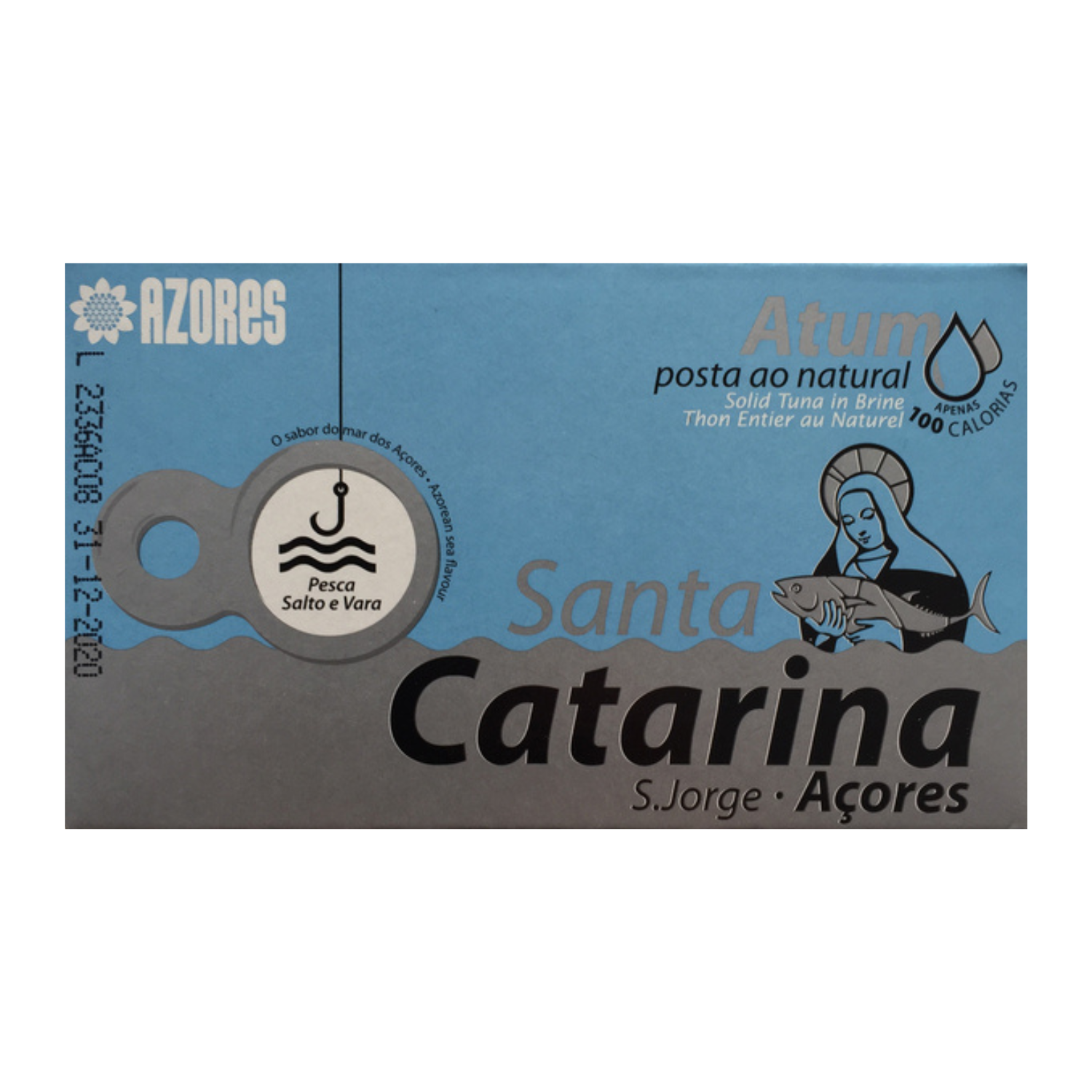 A blue and grey can of Santa Catarina Solid Tuna in Brine