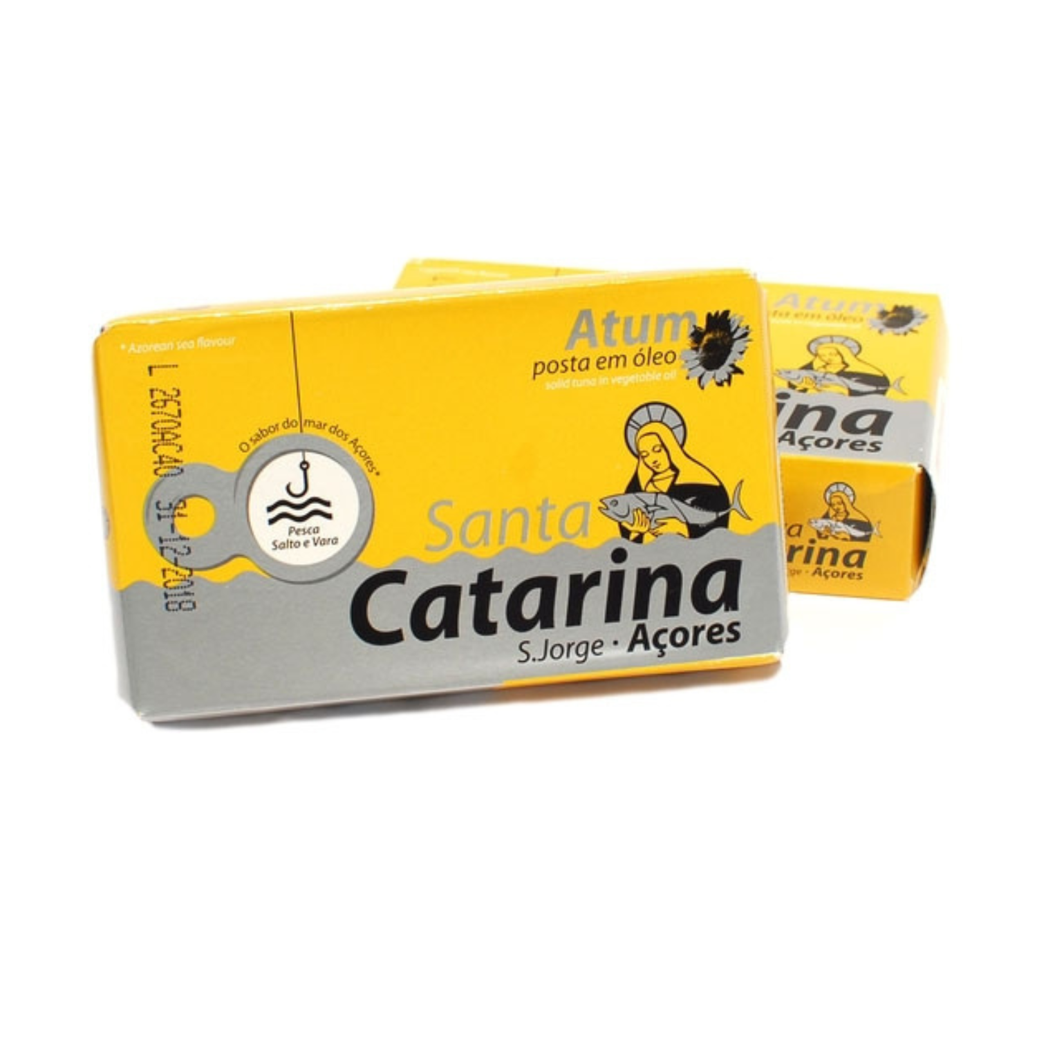 Two yellow and grey cans of Santa Catarina Solid Tuna in Vegetable Oil