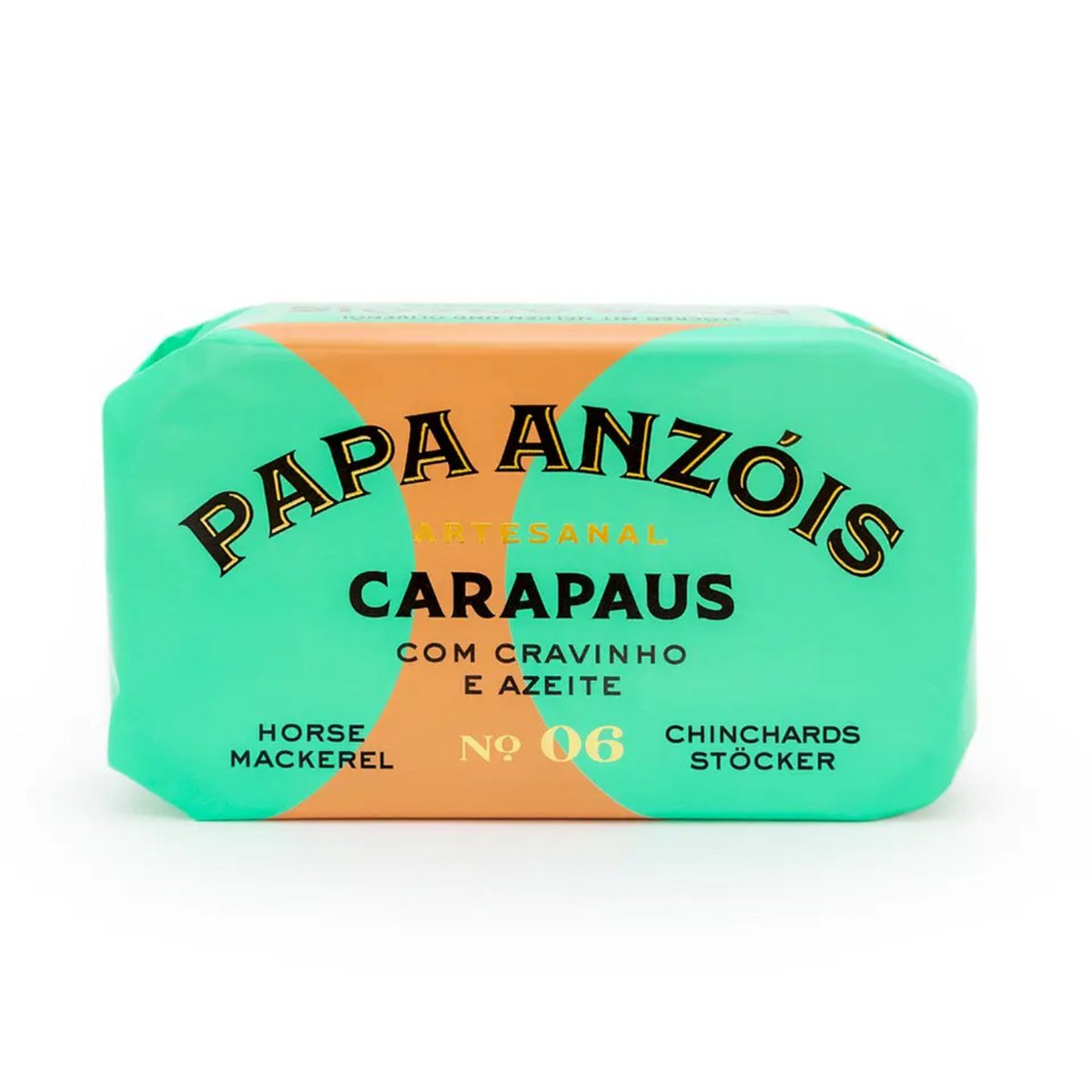 Papa Anzóis artesanal horse mackerel with olive oil and cloves, turquoise and peach wrapper, No. 06