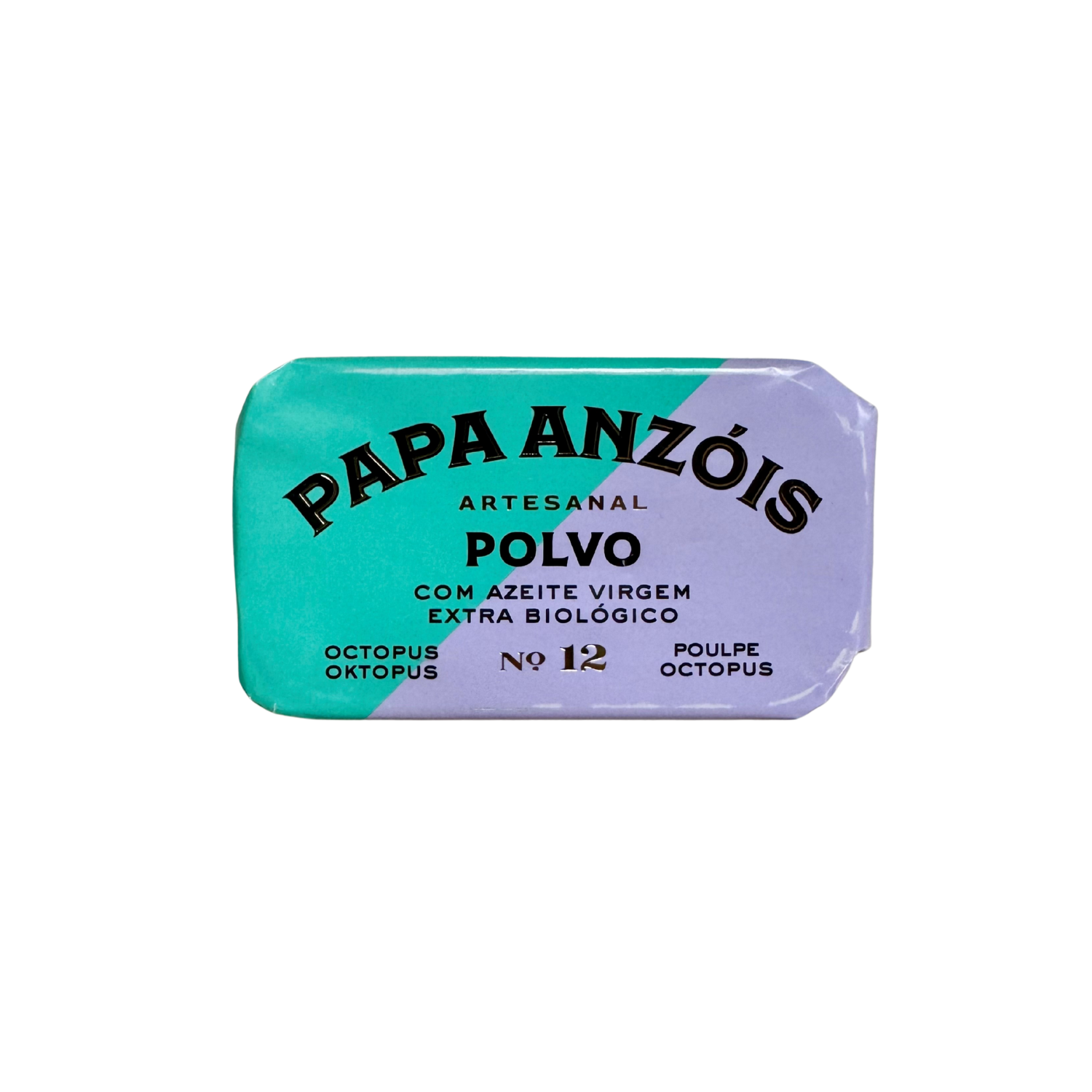 Papa Anzóis artesanal octopus package with organic extra virgin olive oil, turquoise and lavender wrapper, No. 12