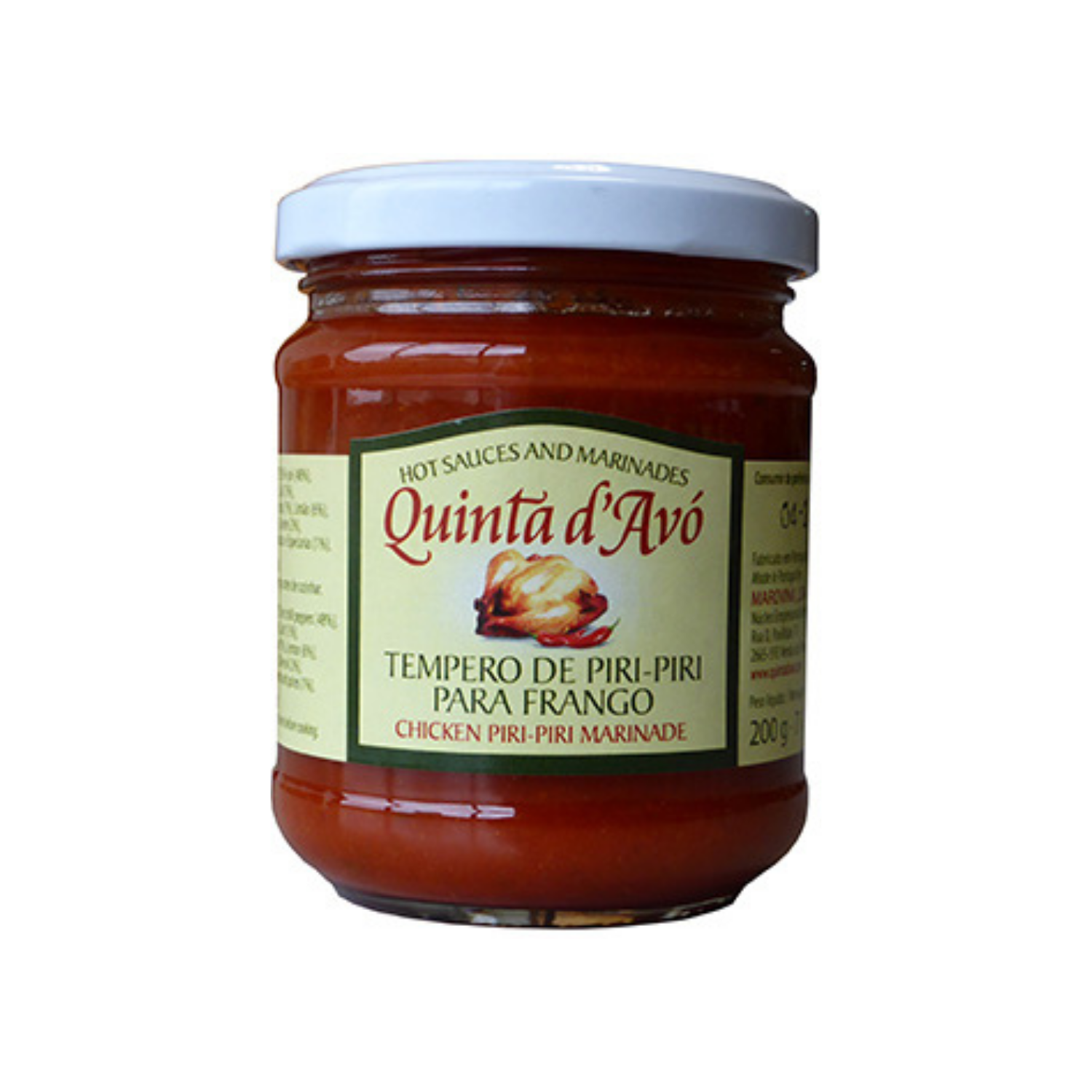 Jar of Quinta d'Avó chicken piri-piri marinade on a white background