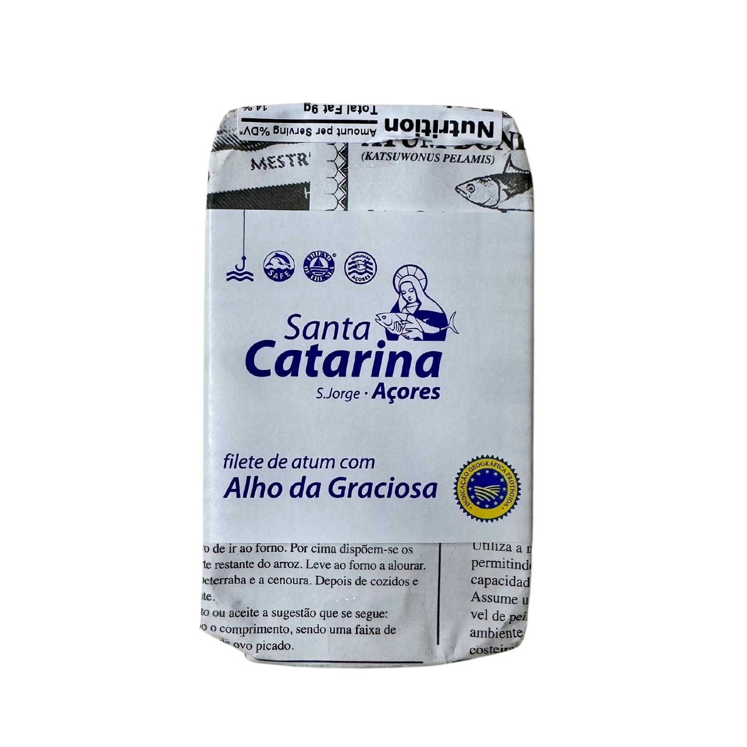 Santa Catarina tuna fillet package with garlic from Graciosa, white wrapper with purple lettering