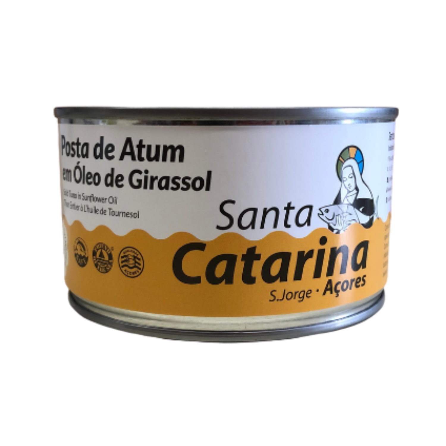 A yellow and white can of Santa Catarina Solid Tuna in Sunflower Oil
