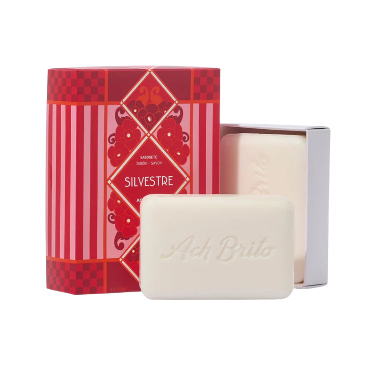 Bar of soap with a red decorative box on a white background