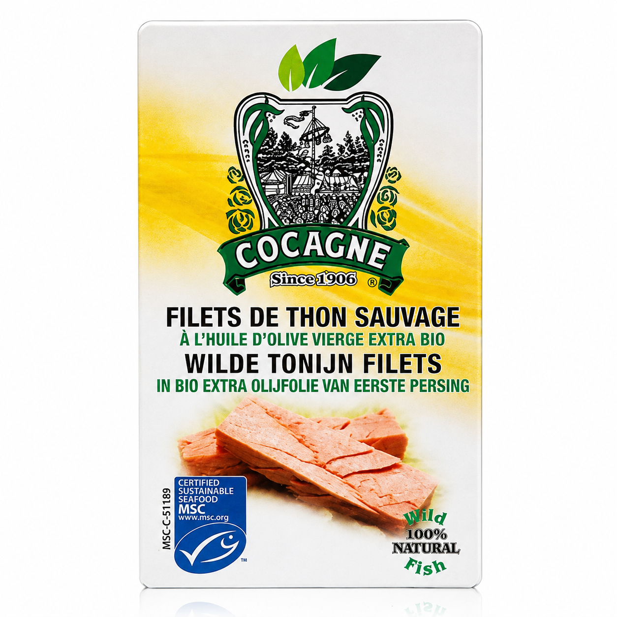 A package of Cocagne Wild Tilapia Filets on a white background with a subtle reflection. The packaging features a yellow and white gradient background, a green and black brand crest, and a photo of sliced pink fish near the bottom.