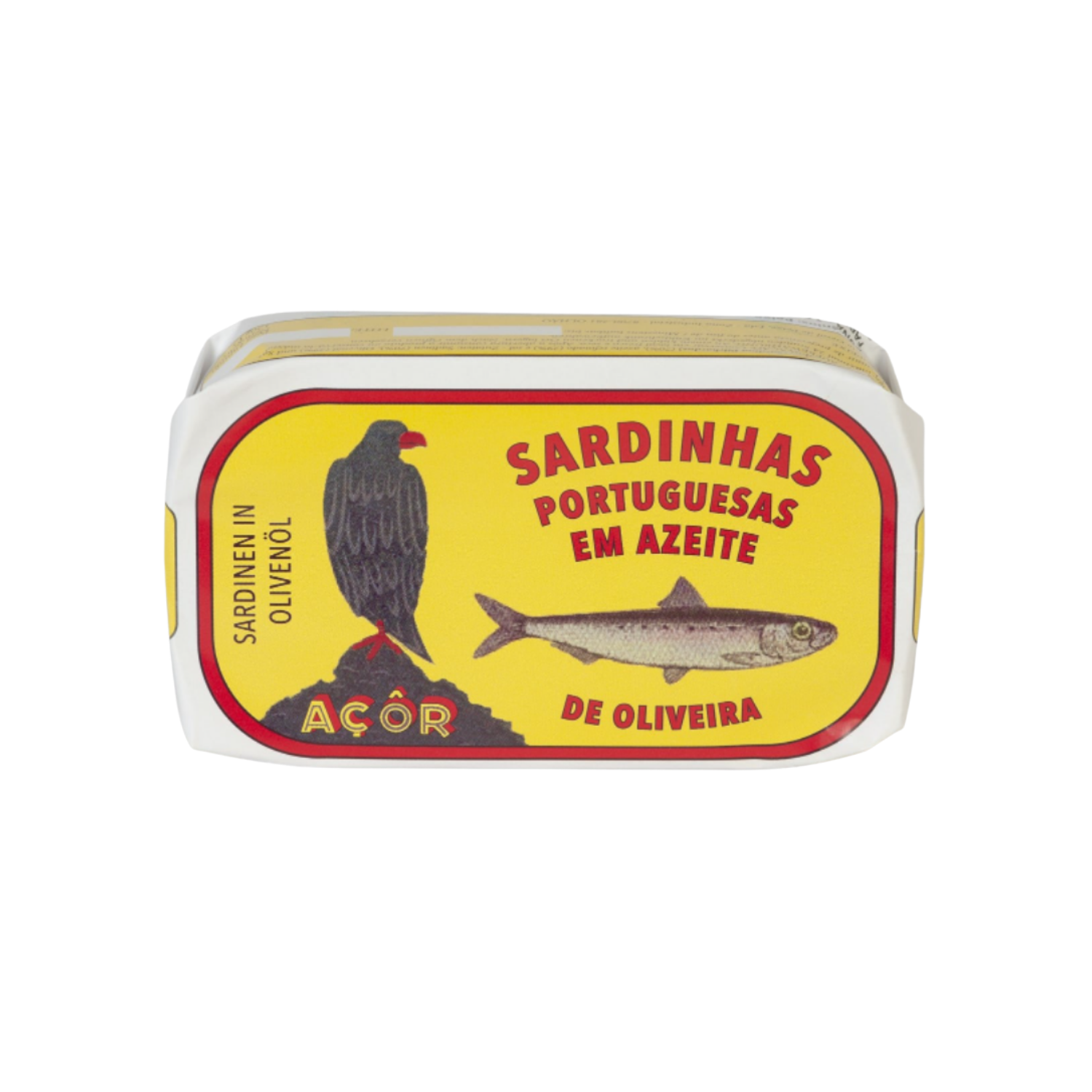 A tin can of Açor Portuguese Sardines in Olive Oil with a yellow label featuring an illustration of a sardine and a bird.