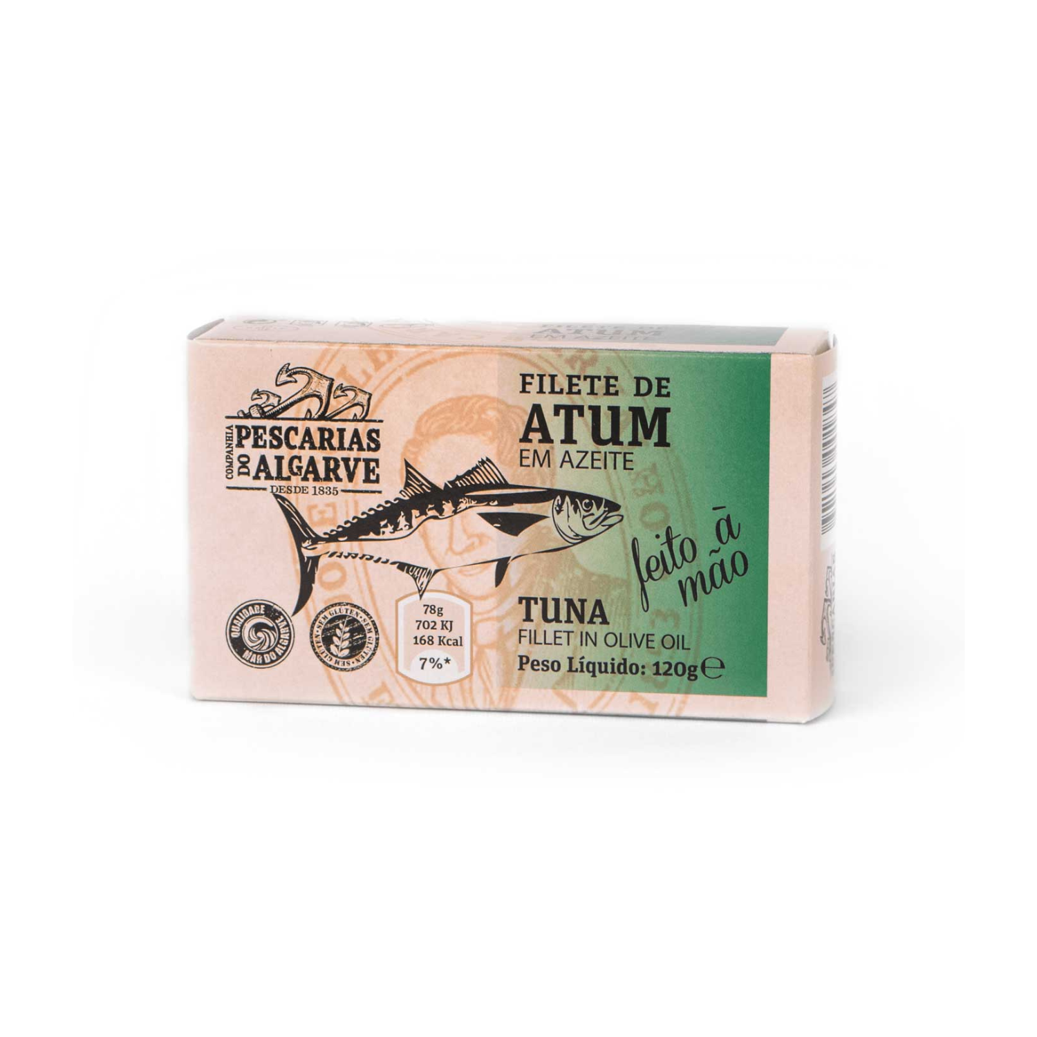 Pescarias do Algarve tuna fillet in olive oil package with illustrated tuna and green label