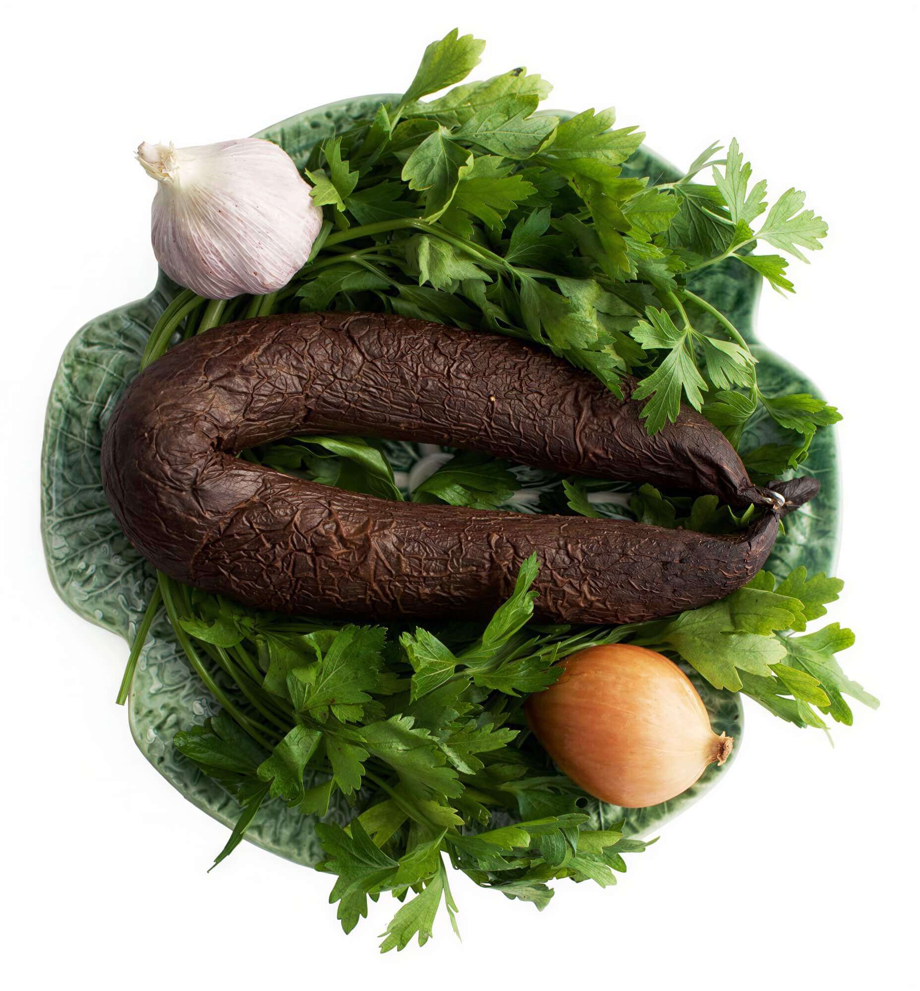 Traditional Portuguese morcela sausage, rich and savory with a deep, smoky flavor, perfect for grilling or traditional dishes.