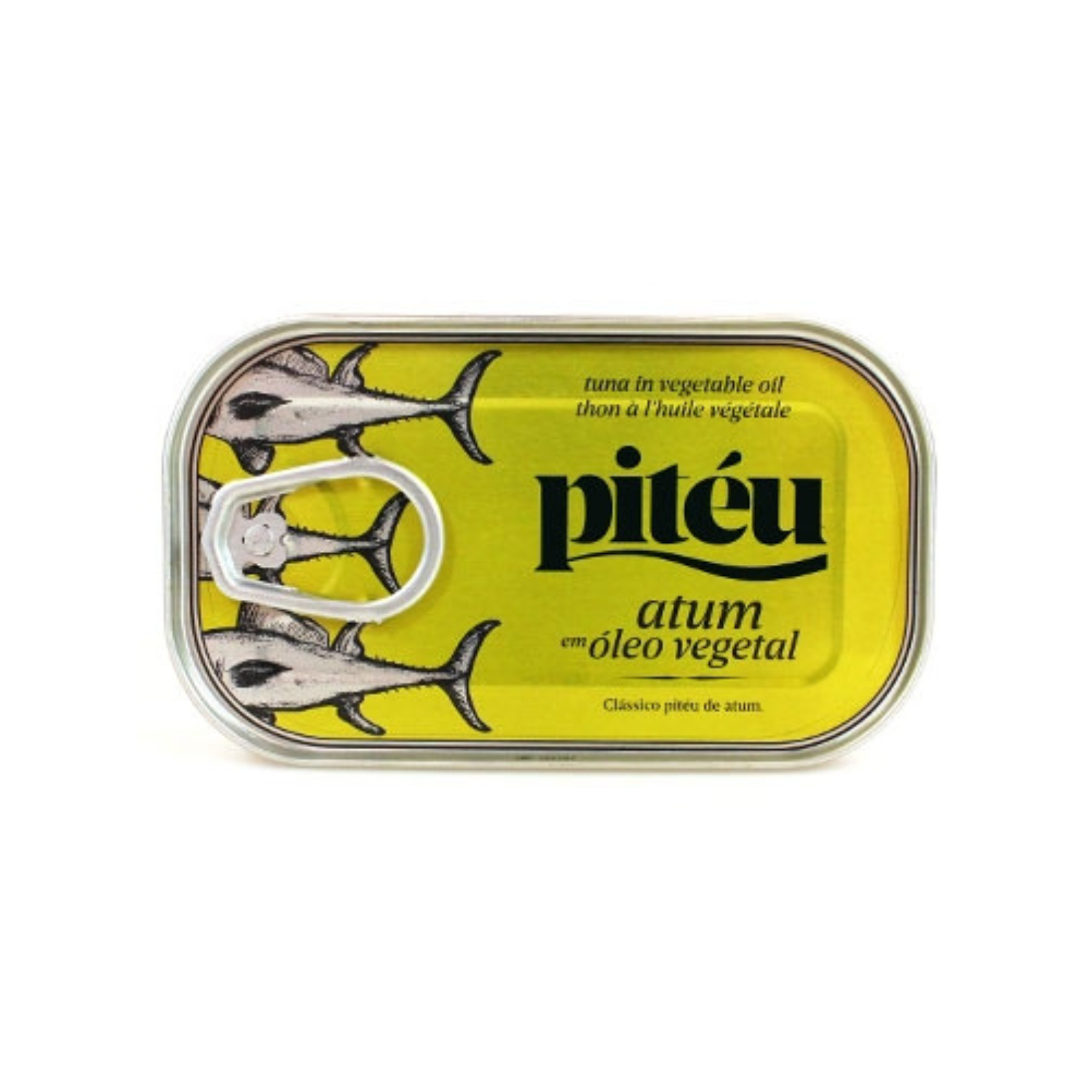Pitéu tuna tin in vegetable oil with bright yellow label and illustrated tuna fish on the lid