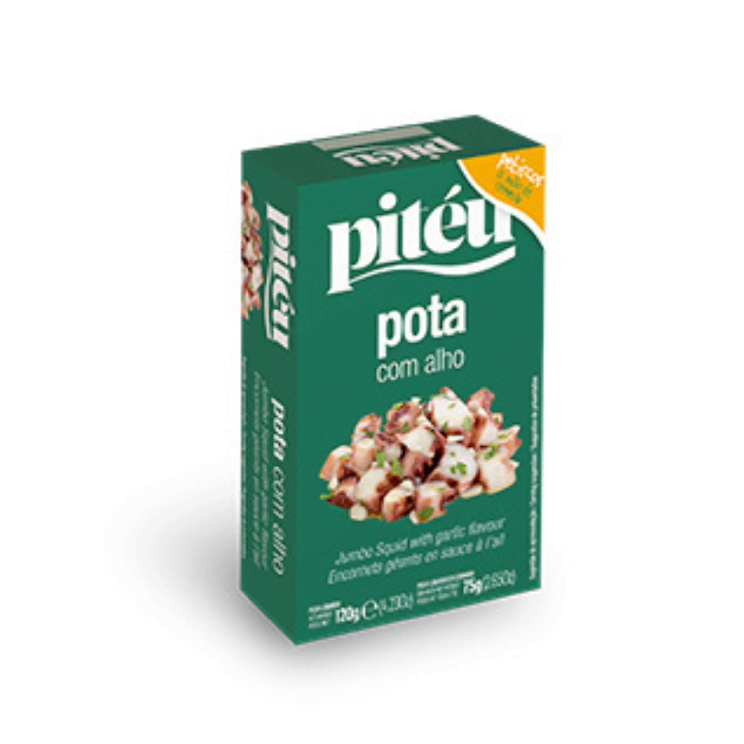 Pitéu squid with garlic package in dark green box with photo of chopped squid pieces