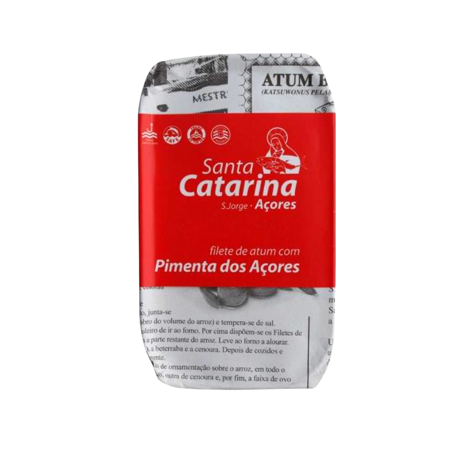 Santa Catarina tuna can with a red label, featuring fillets in olive oil with a touch of Azorean pepper.