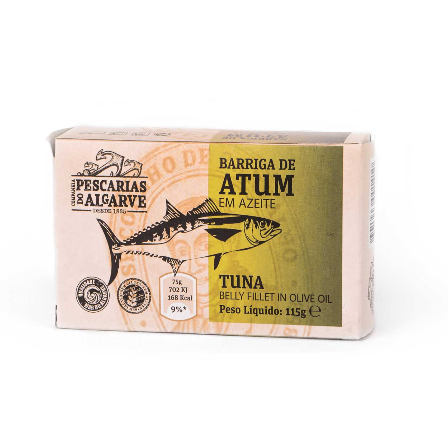 Pescarias do Algarve tuna belly fillet in olive oil package with illustrated tuna and olive green label