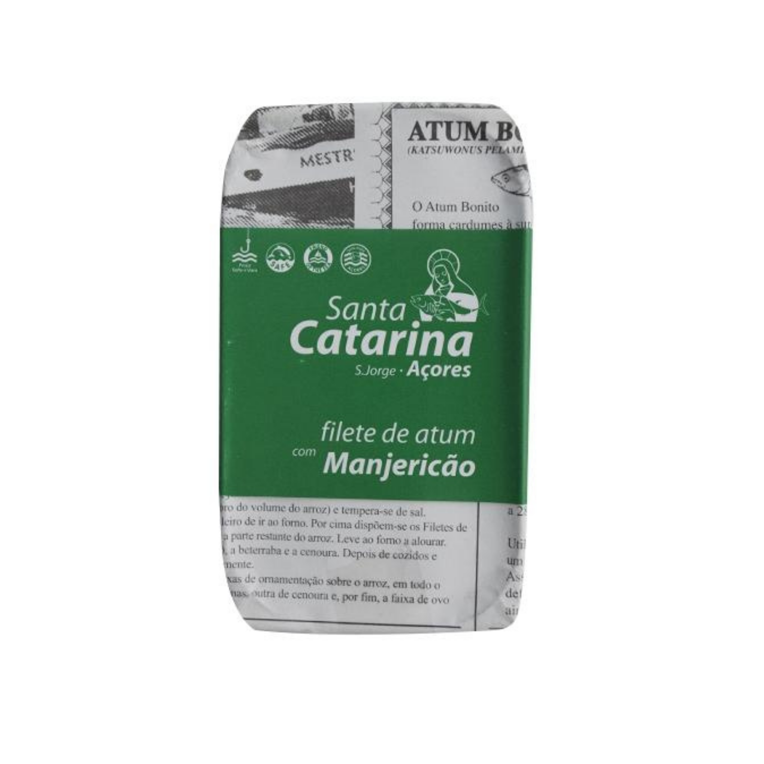A green label can of Santa Catarina Gourmet Tuna Fillets in Olive Oil and Basil