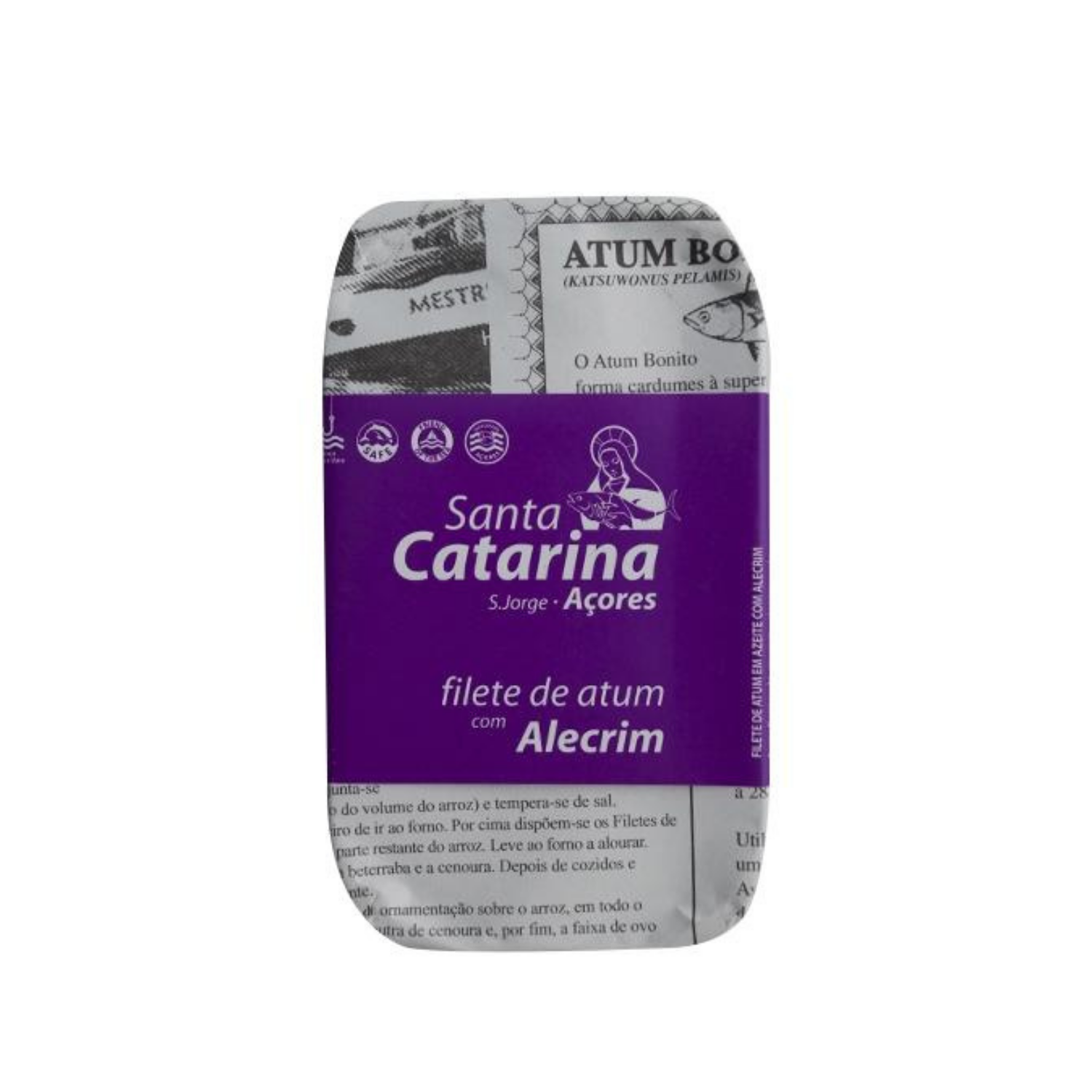 A purple label can of Santa Catarina Gourmet Tuna Fillets in Olive Oil and Rosemary