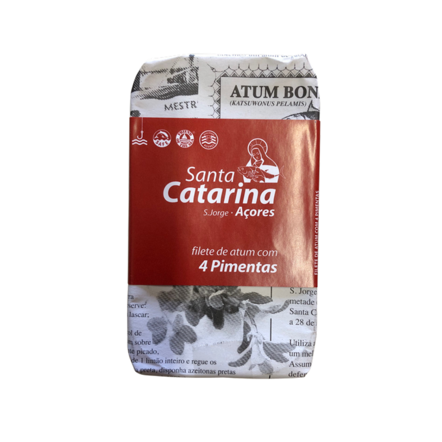 A red label can of Santa Catarina Gourmet Tuna Fillets with 4 Peppers and Olive Oil