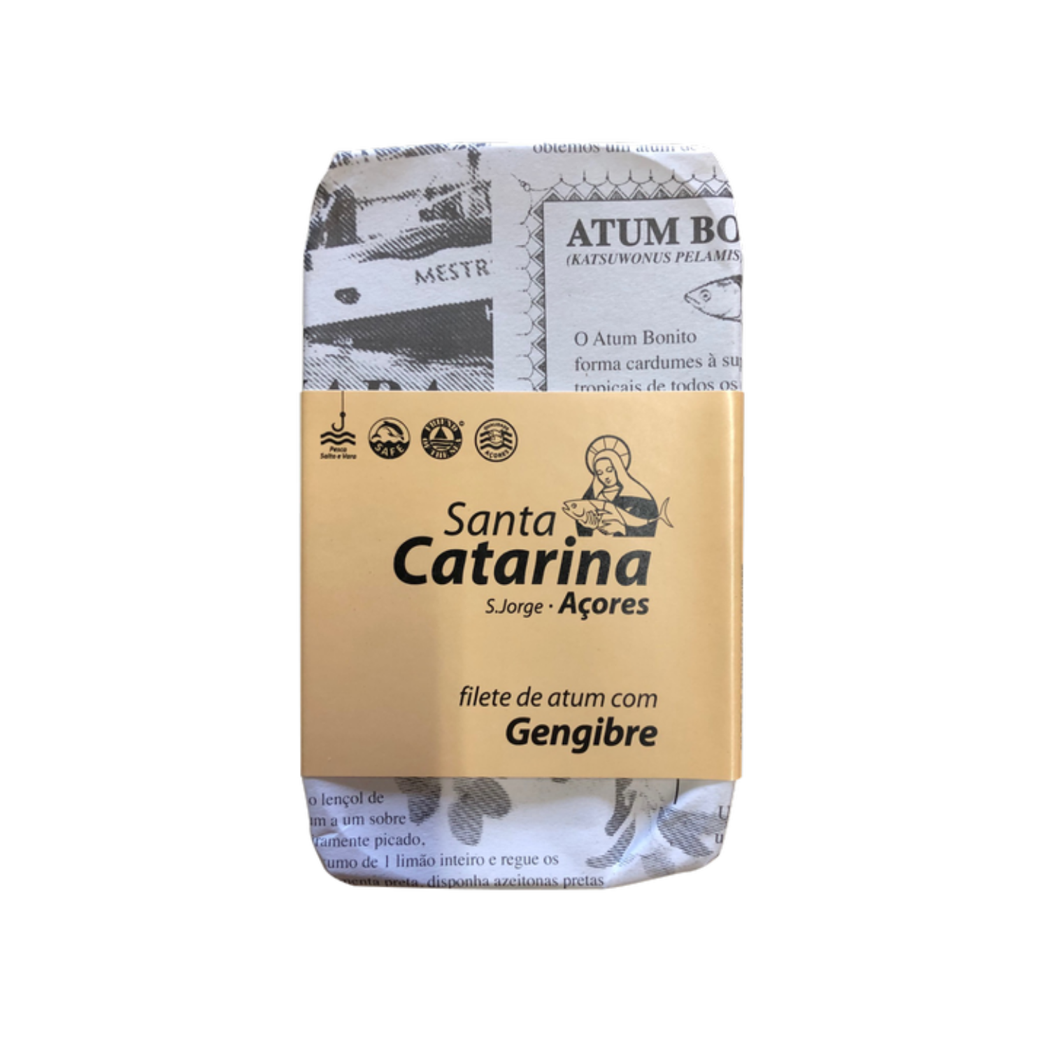 Santa Catarina tuna can with a tan label, featuring fillets with ginger