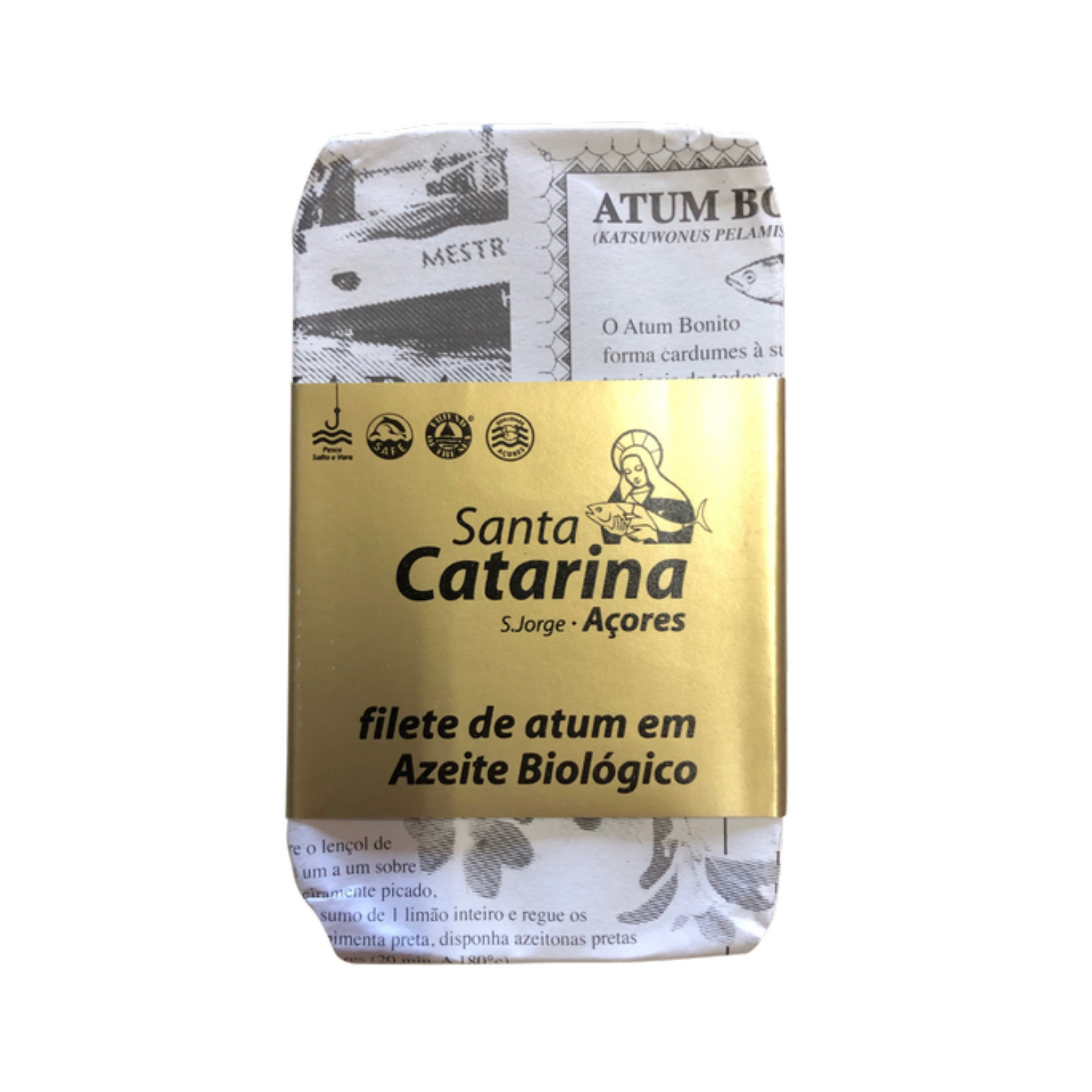Santa Catarina tuna can with a gold label, featuring fillets in organic olive oil