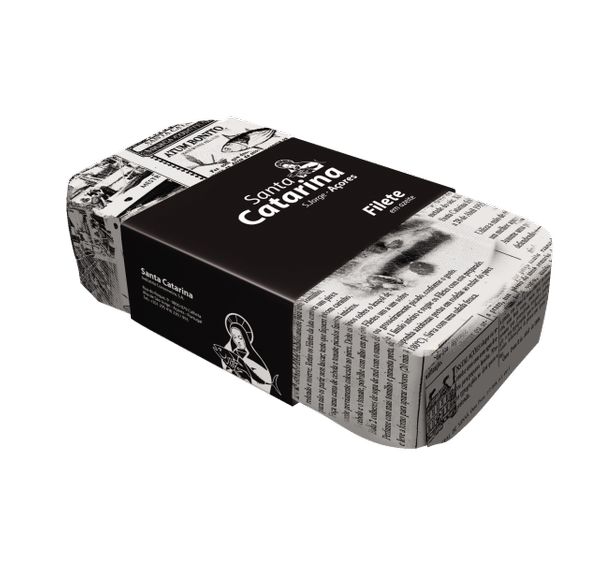 A black label can of Santa Catarina Gourmet Tuna Fillets in Olive Oil
