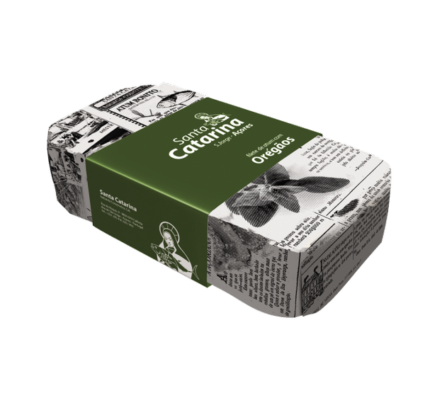 A dark green can of Santa Catarina Gourmet Tuna Fillets with Oregano in Olive Oil