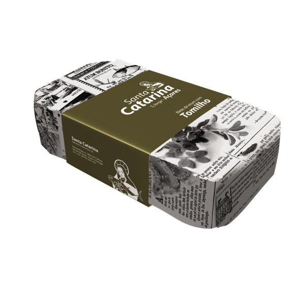 An olive-green label can of Santa Catarina Gourmet Tuna Fillets with Thyme and Olive Oil
