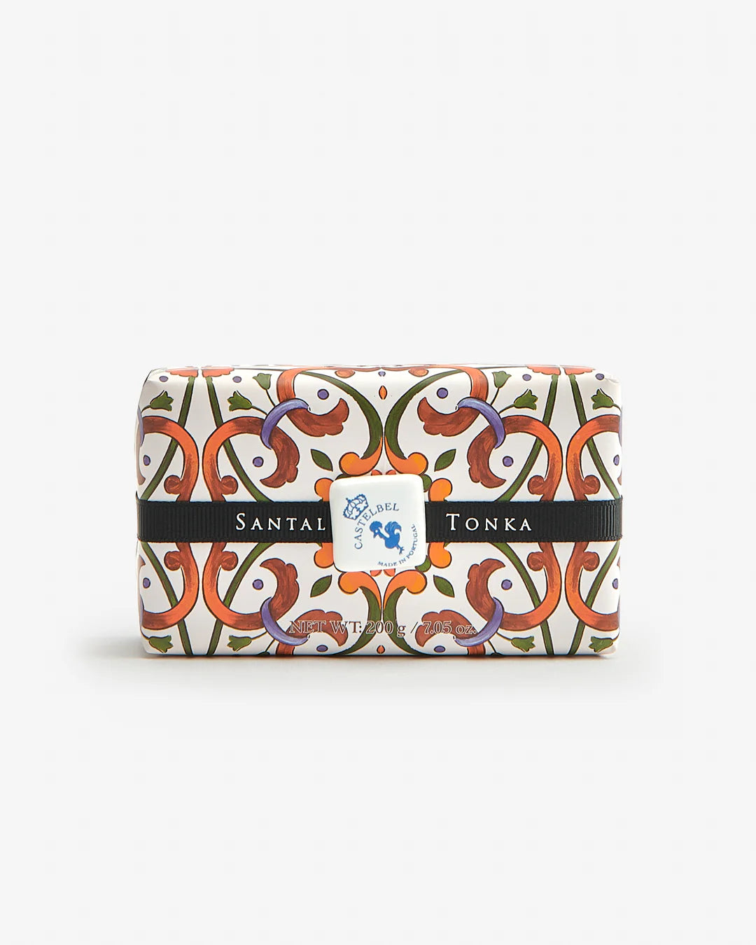 Castelbel Santal Tonka soap, featuring intricate floral and geometric patterns in orange, green, and cream colors.