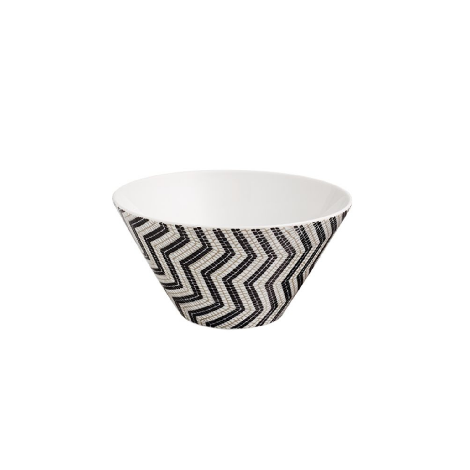 White bowl with black and gray zigzag pattern on a white background