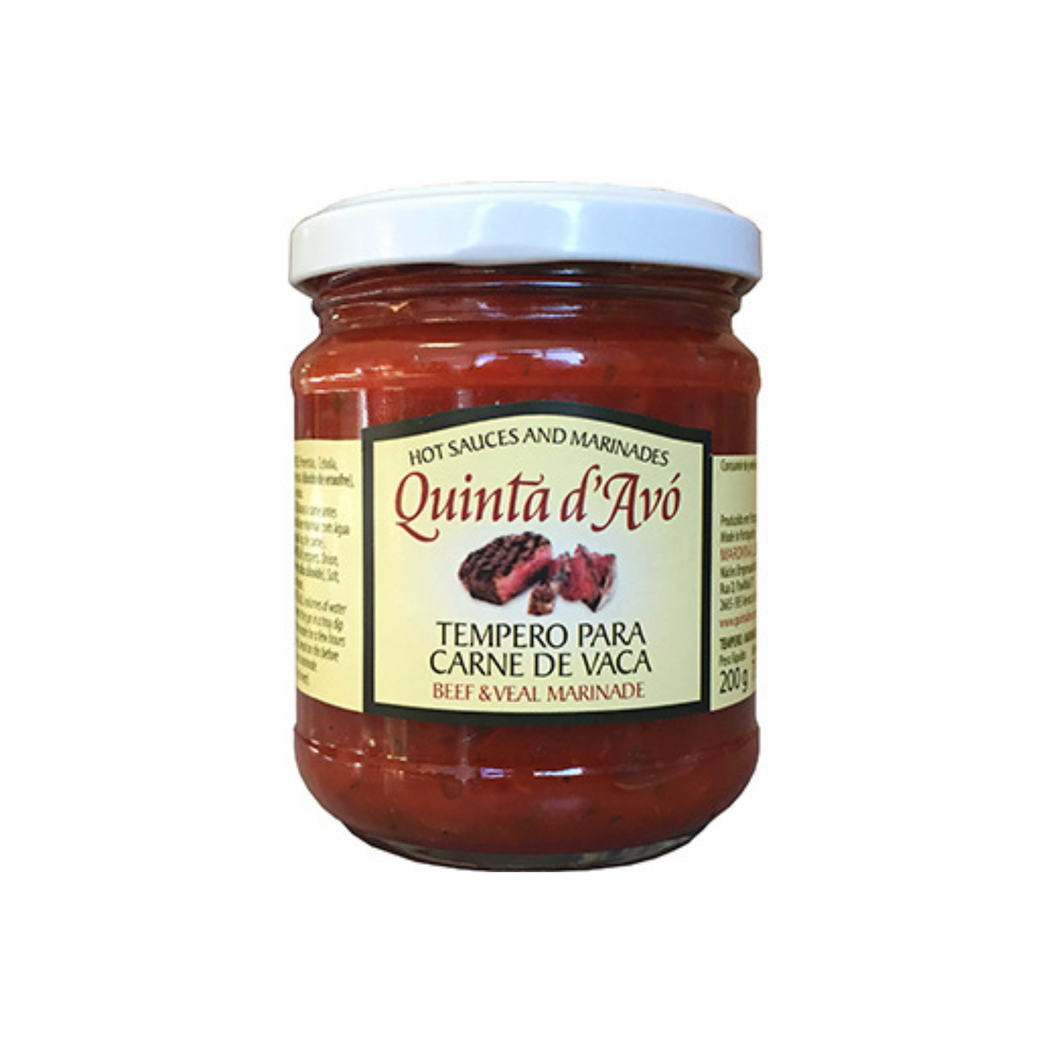 Jar of Quinta d'Avó beef and veal marinade on a white background