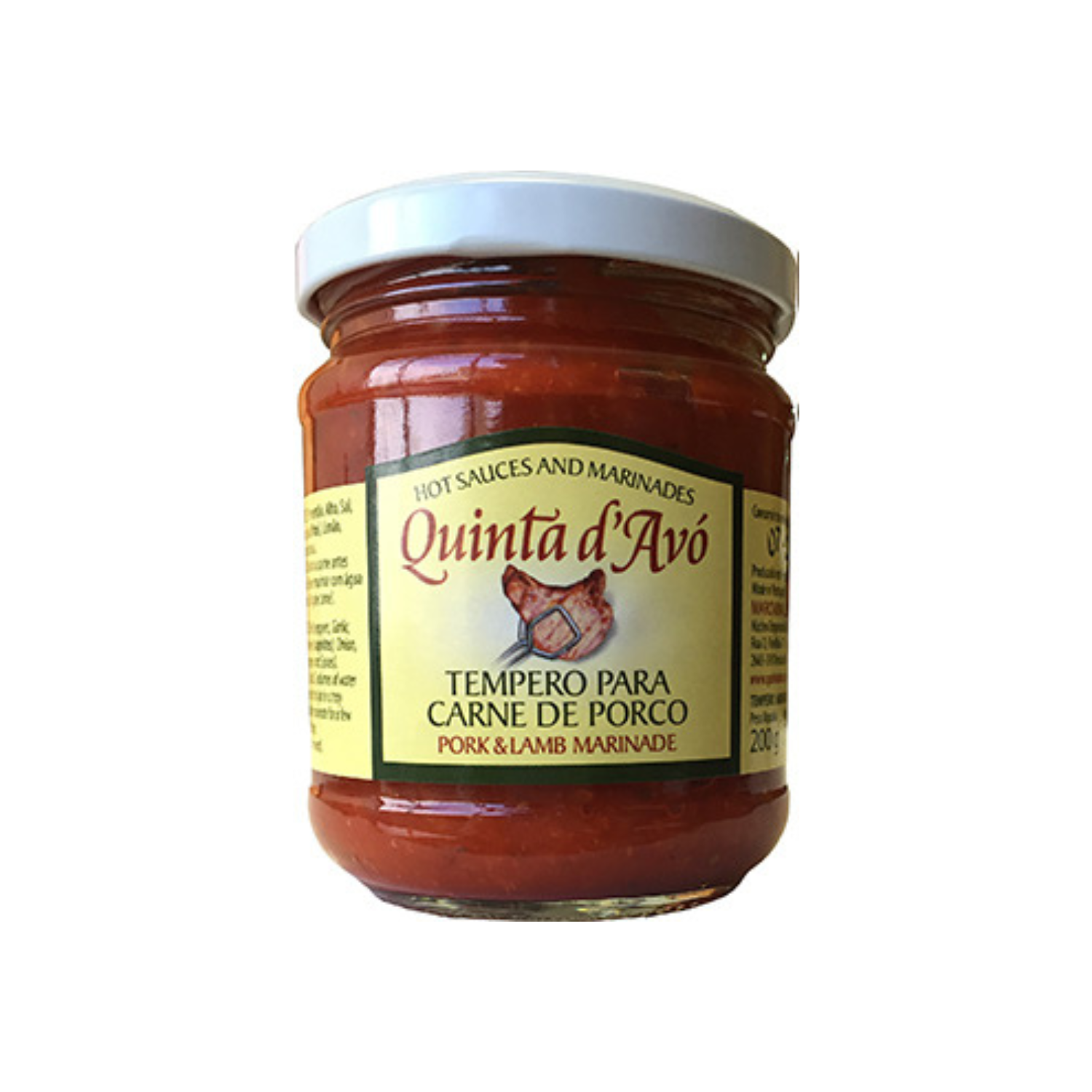 Jar of Quinta d'Avó pork and lamb marinade on a white background