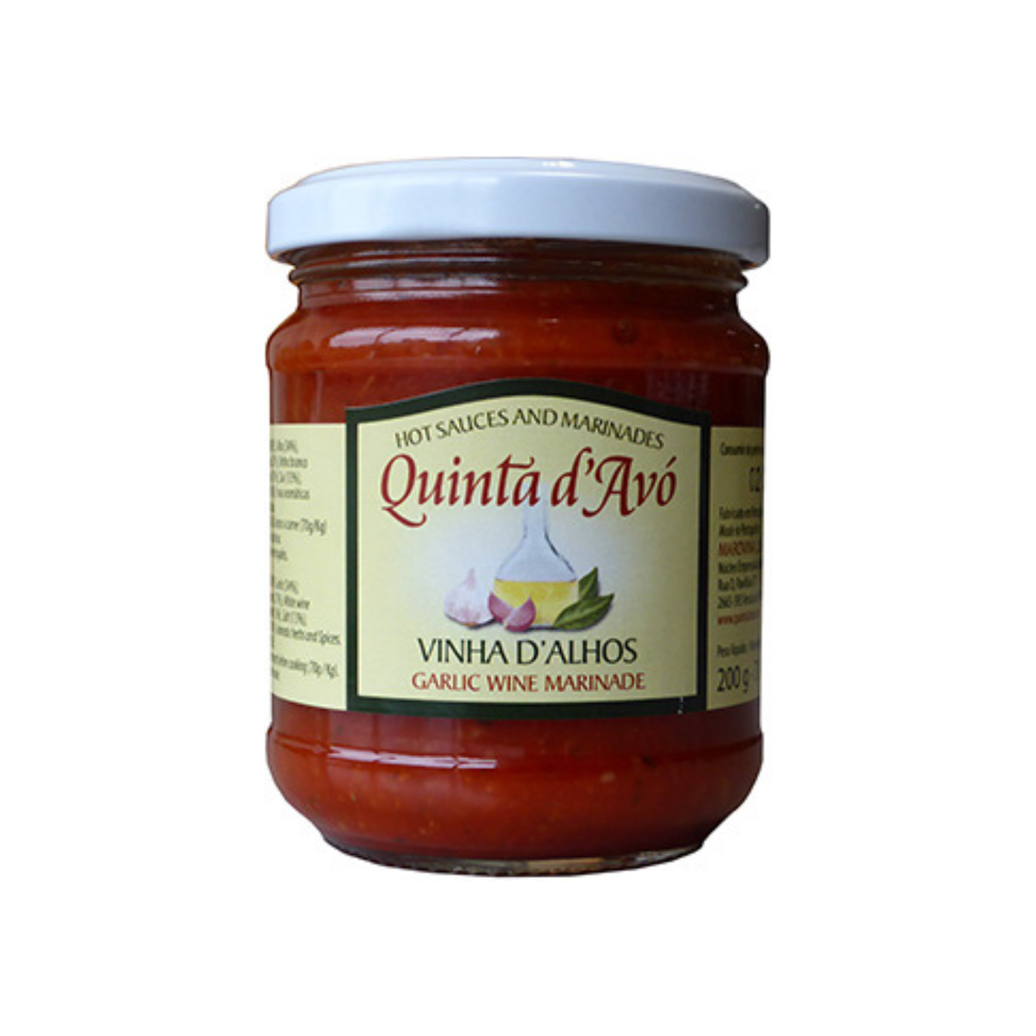 Jar of Quinta d'Avó garlic wine marinade on a white background
