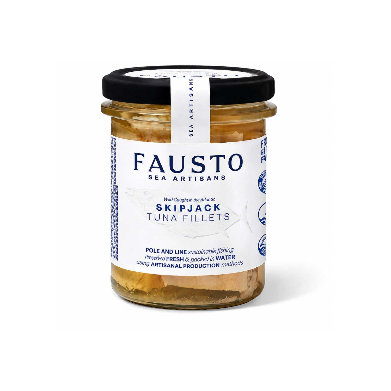 A glass jar of Fausto Sea Artisans Skipjack Tuna Fillets, featuring a white label and a black lid, set against a plain white background.