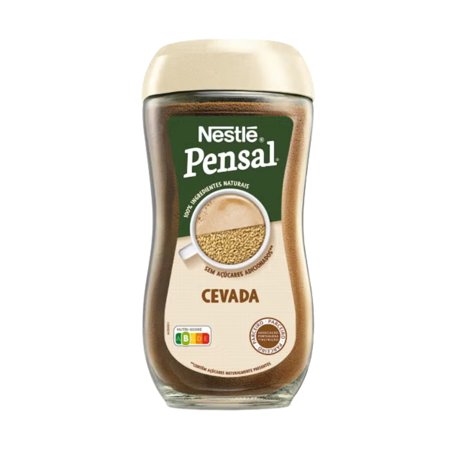 A bottle of Nestlé Pensal Cevada instant coffee, featuring a dark brown liquid inside a clear bottle with a beige cap and a green and beige label.