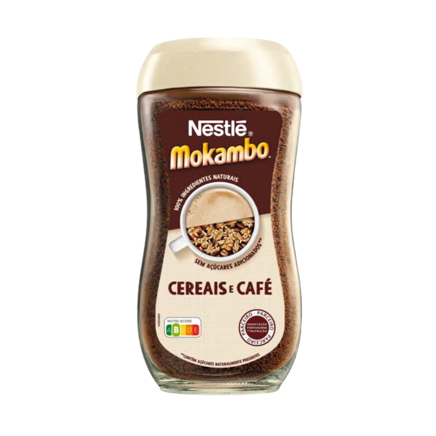A bottle of Nestlé Mokambo Cereais de Café instant coffee granules, featuring a dark brown label with a cream-colored cap and base, on a solid white background.