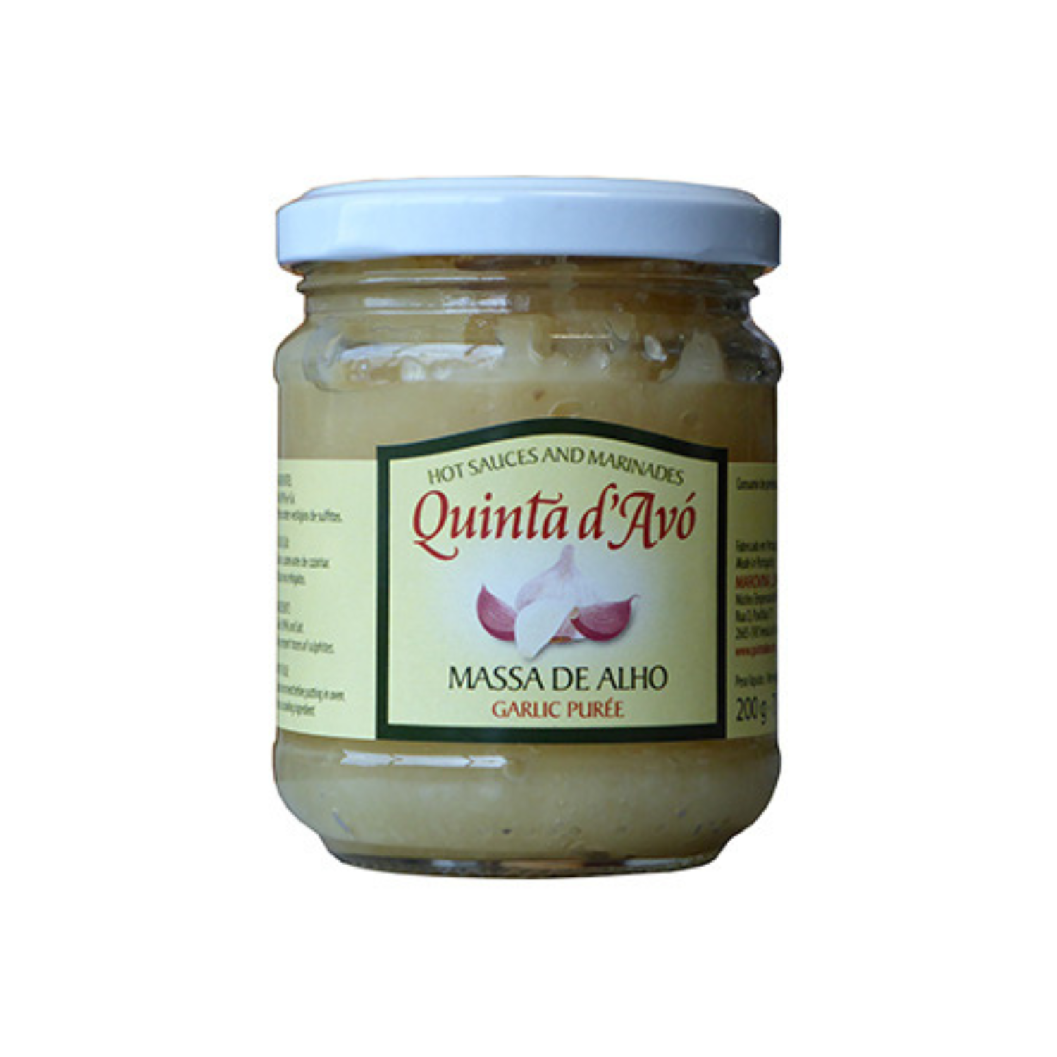 Jar of Quinta d'Avó Garlic Puree on a white background