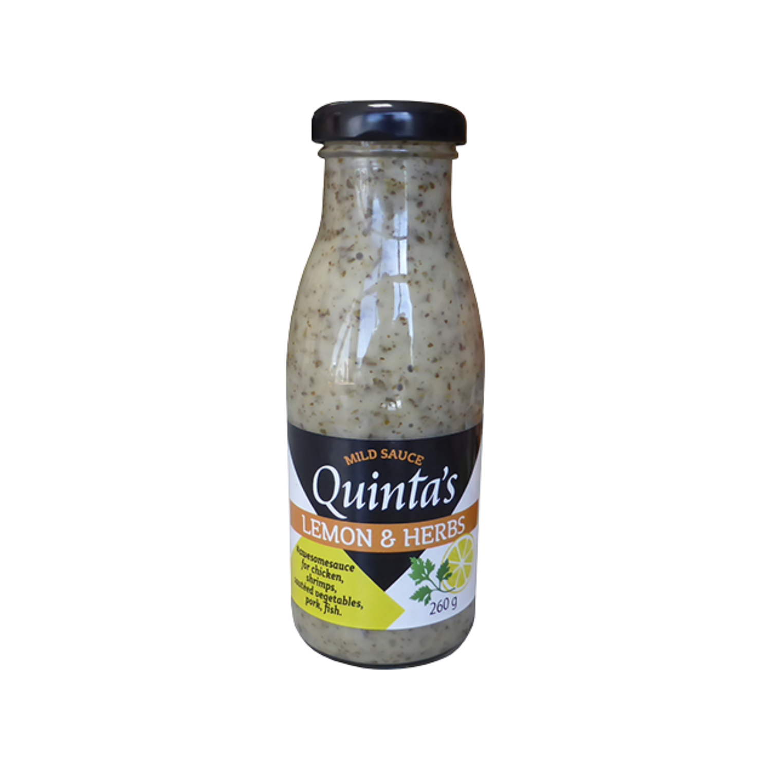 Bottle of Quinta's Lemon & Herbs mild sauce on a white background