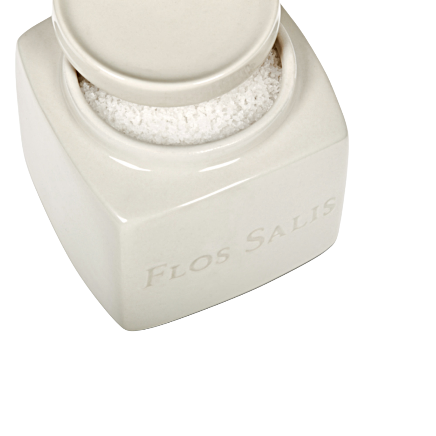 White ceramic container with 'Flos Salis' branding on a white background