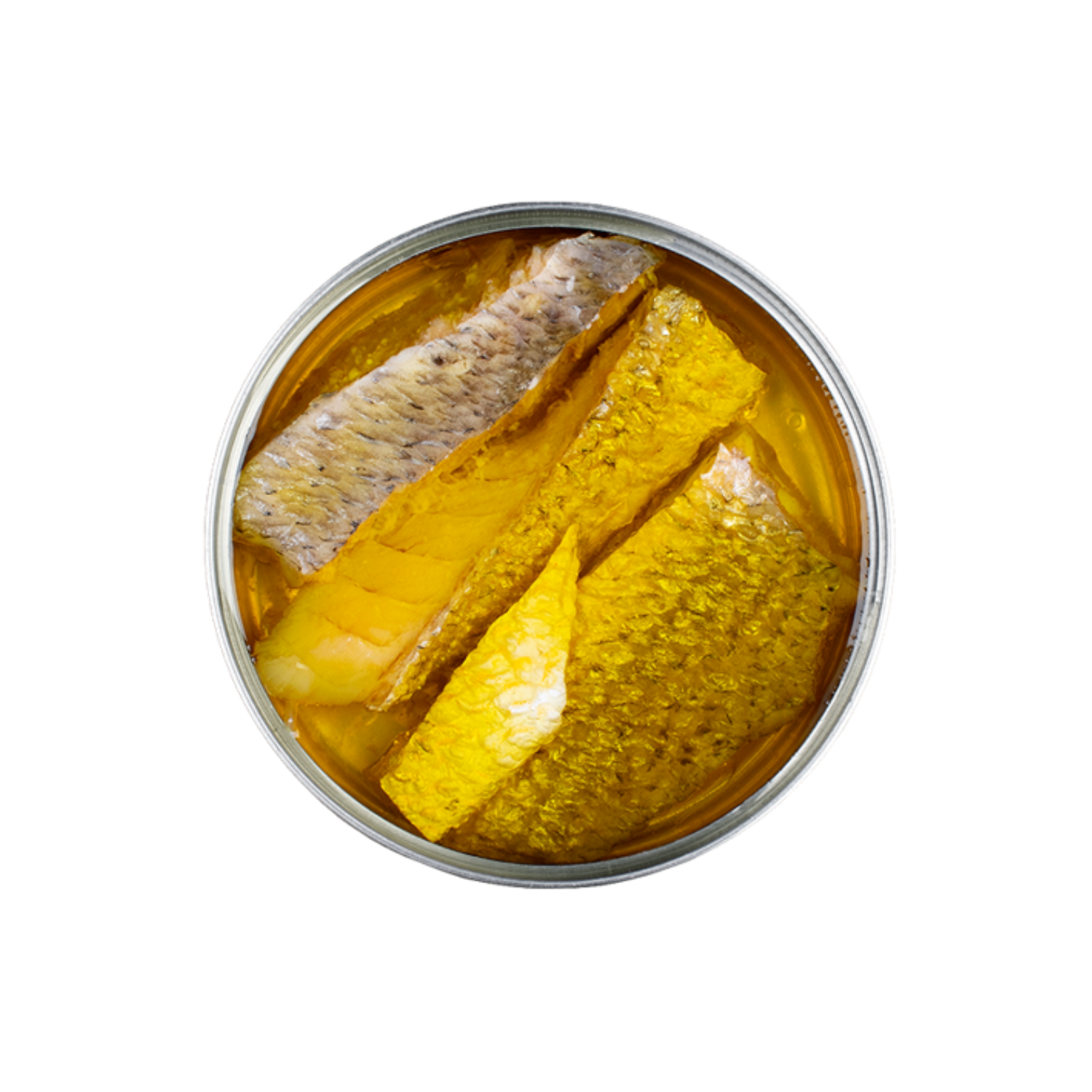 Canned fish with corn in a metal can on a white background
