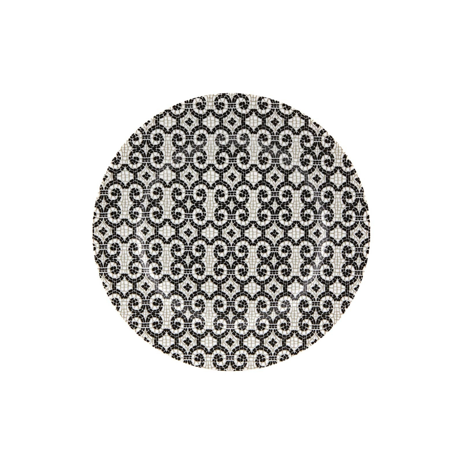 Round black and white patterned plate on a white background
